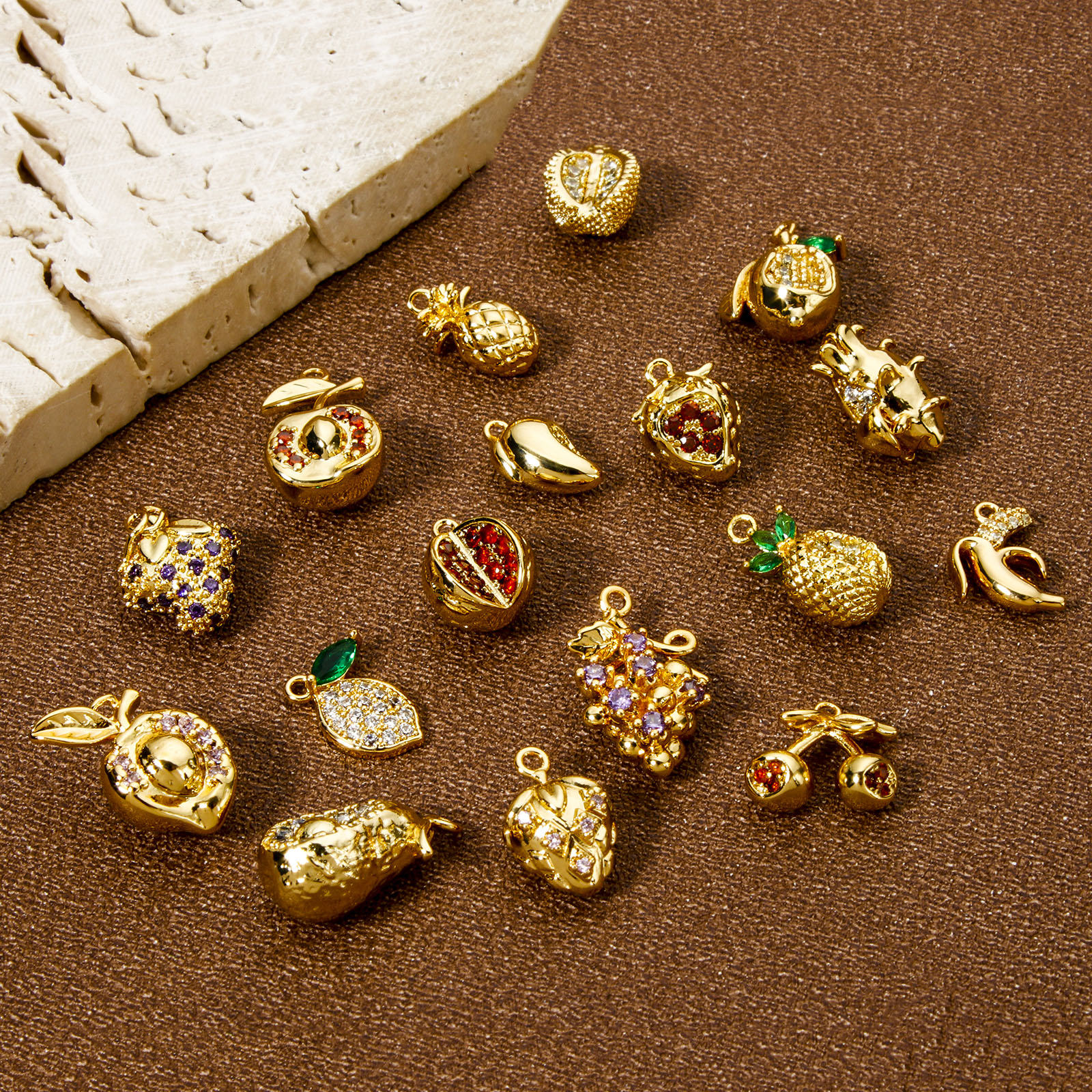 Picture of Brass Charms 18K Gold Plated Fruit 3D Multicolour Cubic Zirconia