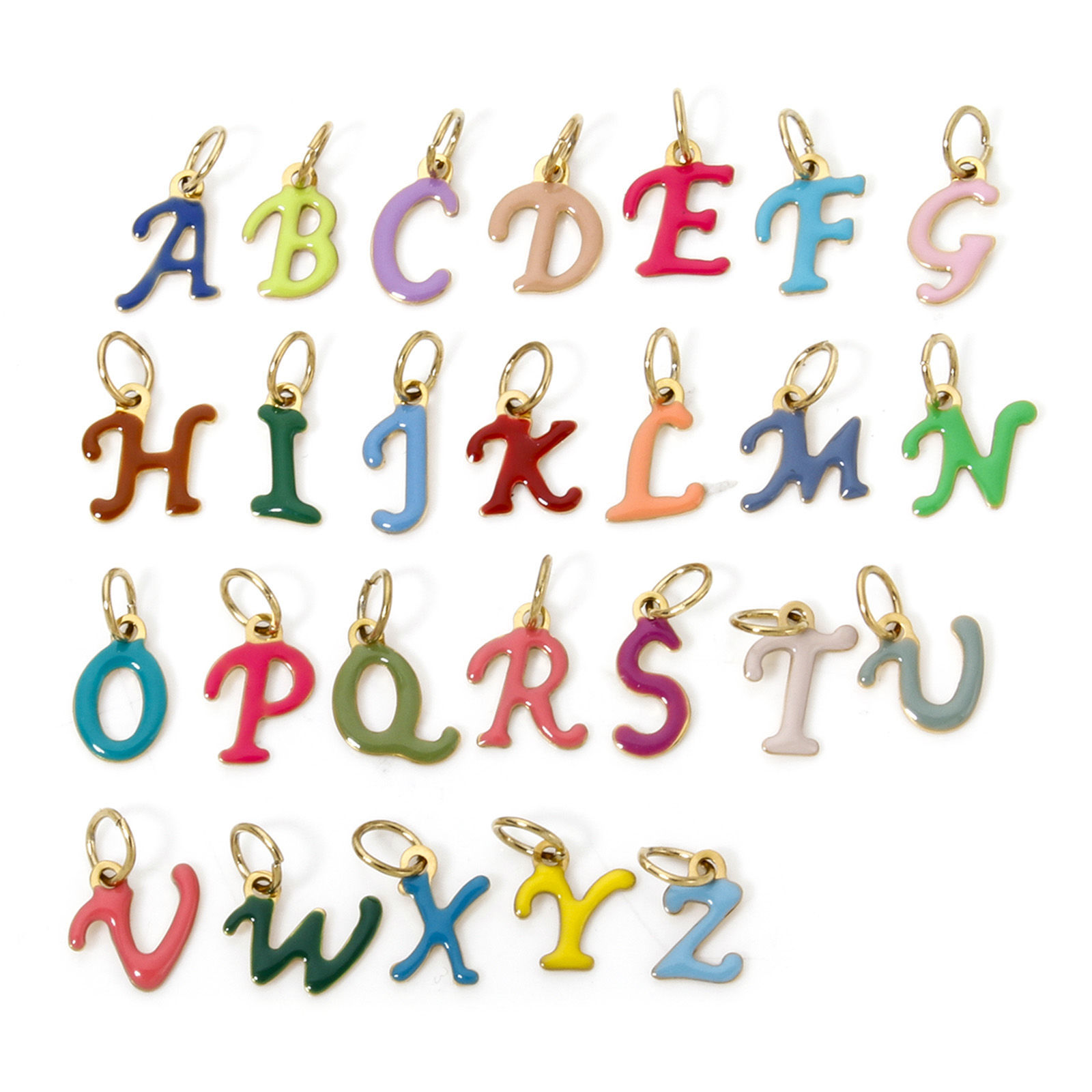 Image de 1 Pièce Breloques en 304 Acier Inoxydable Revêtement sous Vide PVD Respectueux de l'Environnement Mini Plaqué Or 14K Alphabet Initial/ Lettre Majuscule Gravé Mots" A-Z " Émail