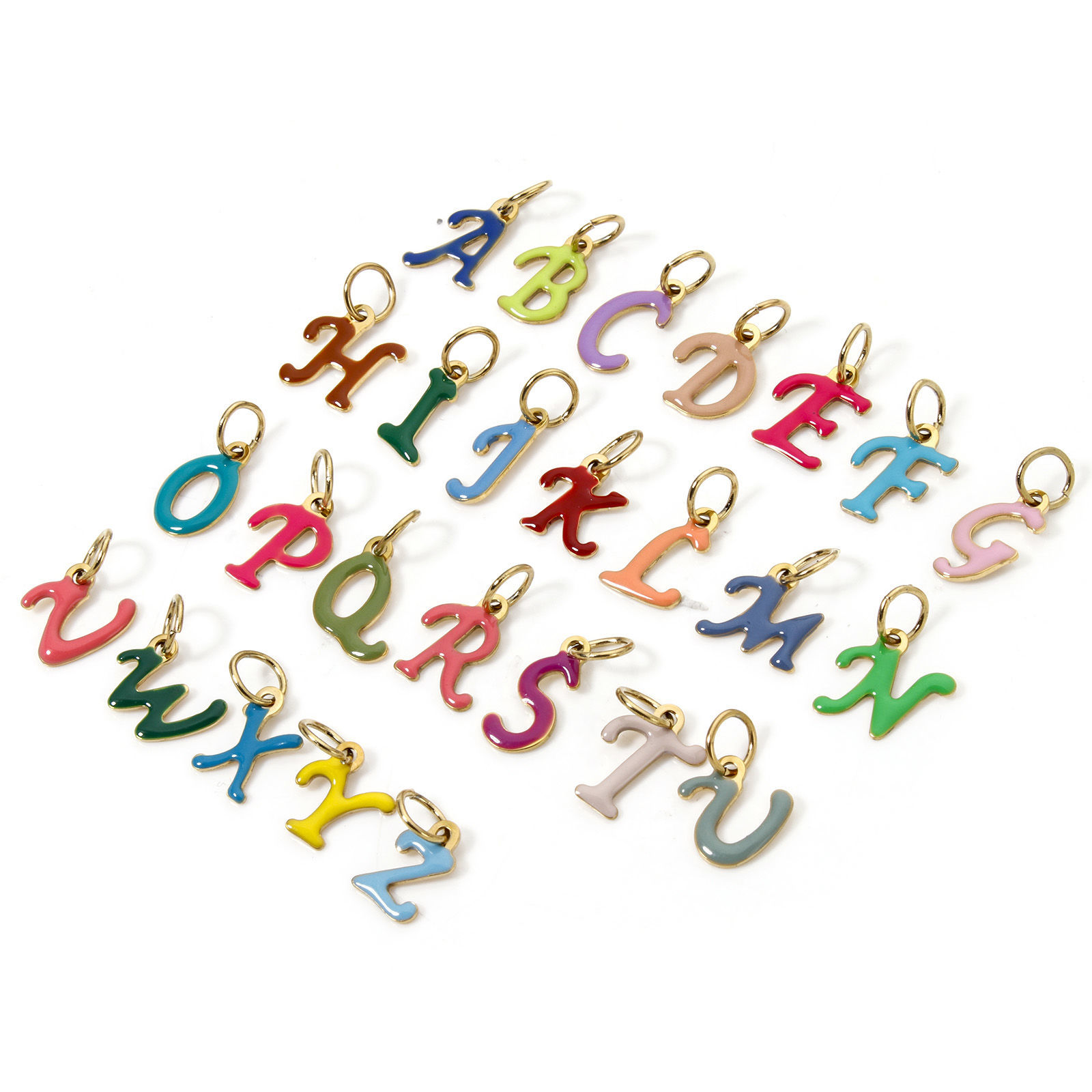 Image de 1 Pièce Breloques en 304 Acier Inoxydable Revêtement sous Vide PVD Respectueux de l'Environnement Mini Plaqué Or 14K Alphabet Initial/ Lettre Majuscule Gravé Mots" A-Z " Émail