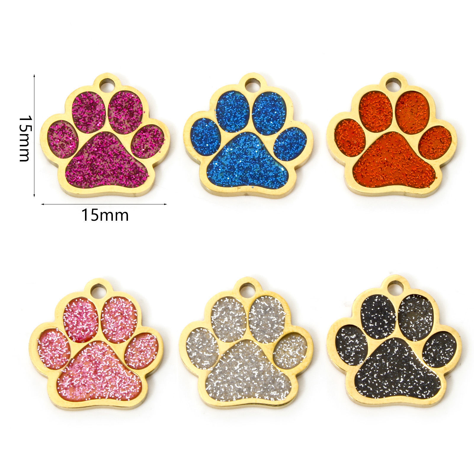 Image de 1 Pièce Breloques en 304 Acier Inoxydable Mémorial d'Animaux Domestiques Griffe de Patte de Chien Doré Multicolore Paillette Émail 15mm x 15mm