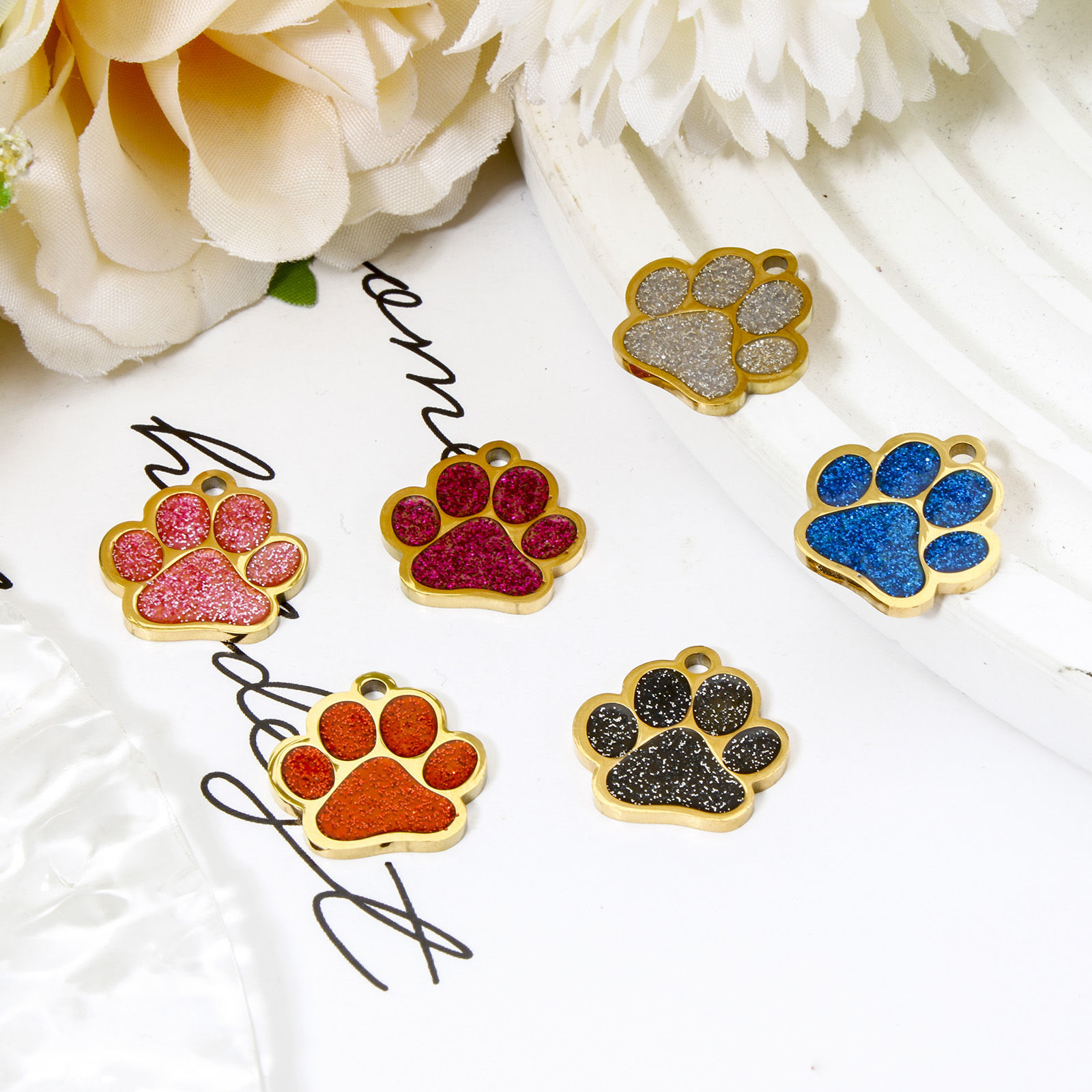 Image de 1 Pièce Breloques en 304 Acier Inoxydable Mémorial d'Animaux Domestiques Griffe de Patte de Chien Doré Multicolore Paillette Émail 15mm x 15mm