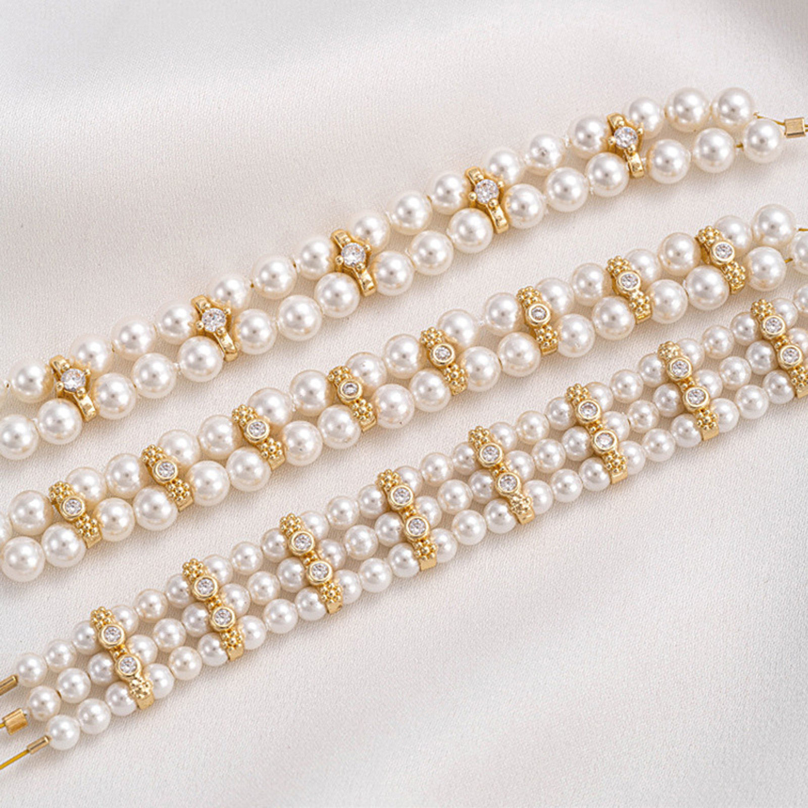 Picture of Eco-friendly Brass Spacer Beads For DIY Bracelet Jewelry Making Findings 14K Real Gold Plated Clear Cubic Zirconia
