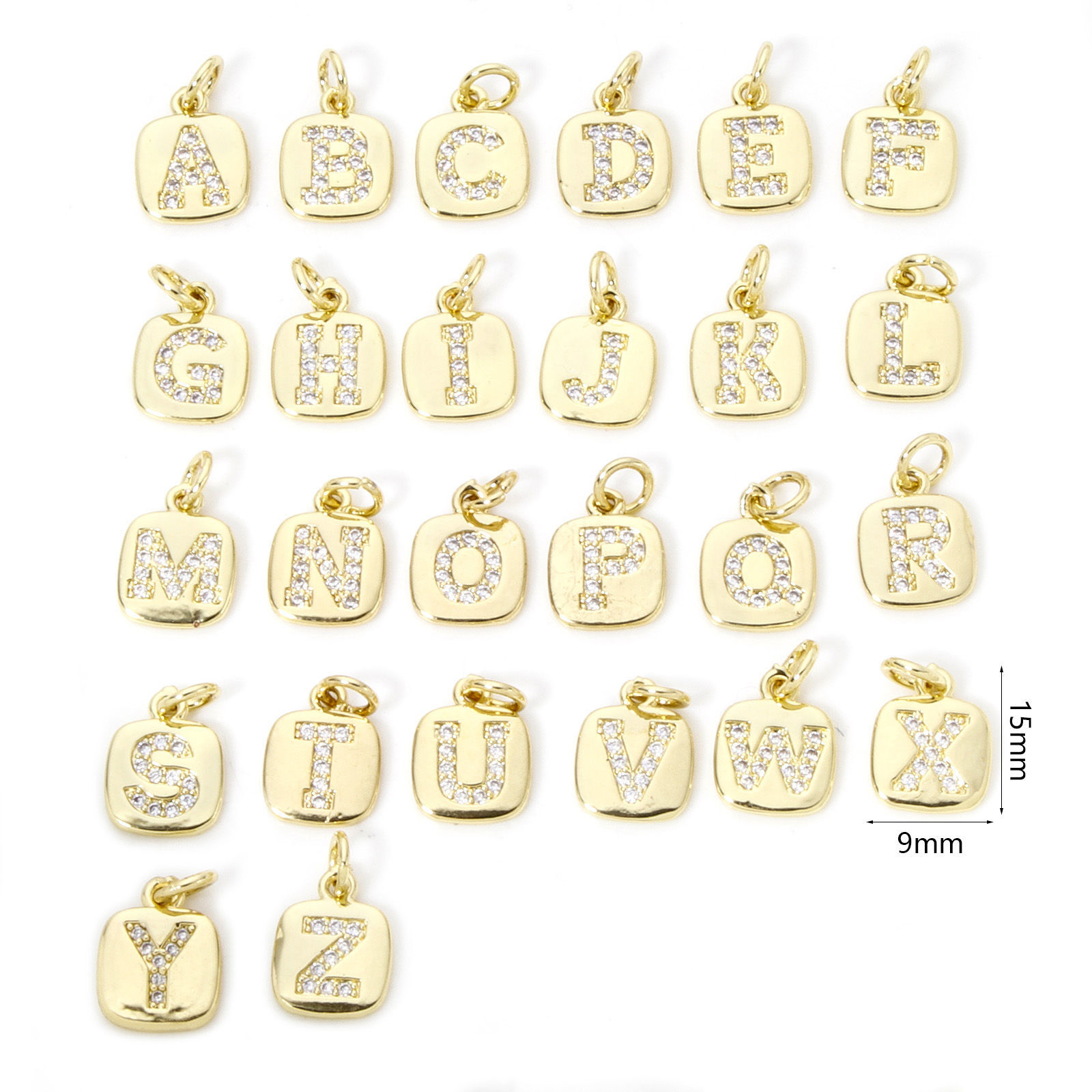 Picture of Eco-friendly Brass Charms 18K Real Gold Plated Square Capital Alphabet Initial Letter Micro Pave Clear Cubic Zirconia 15mm x 9mm