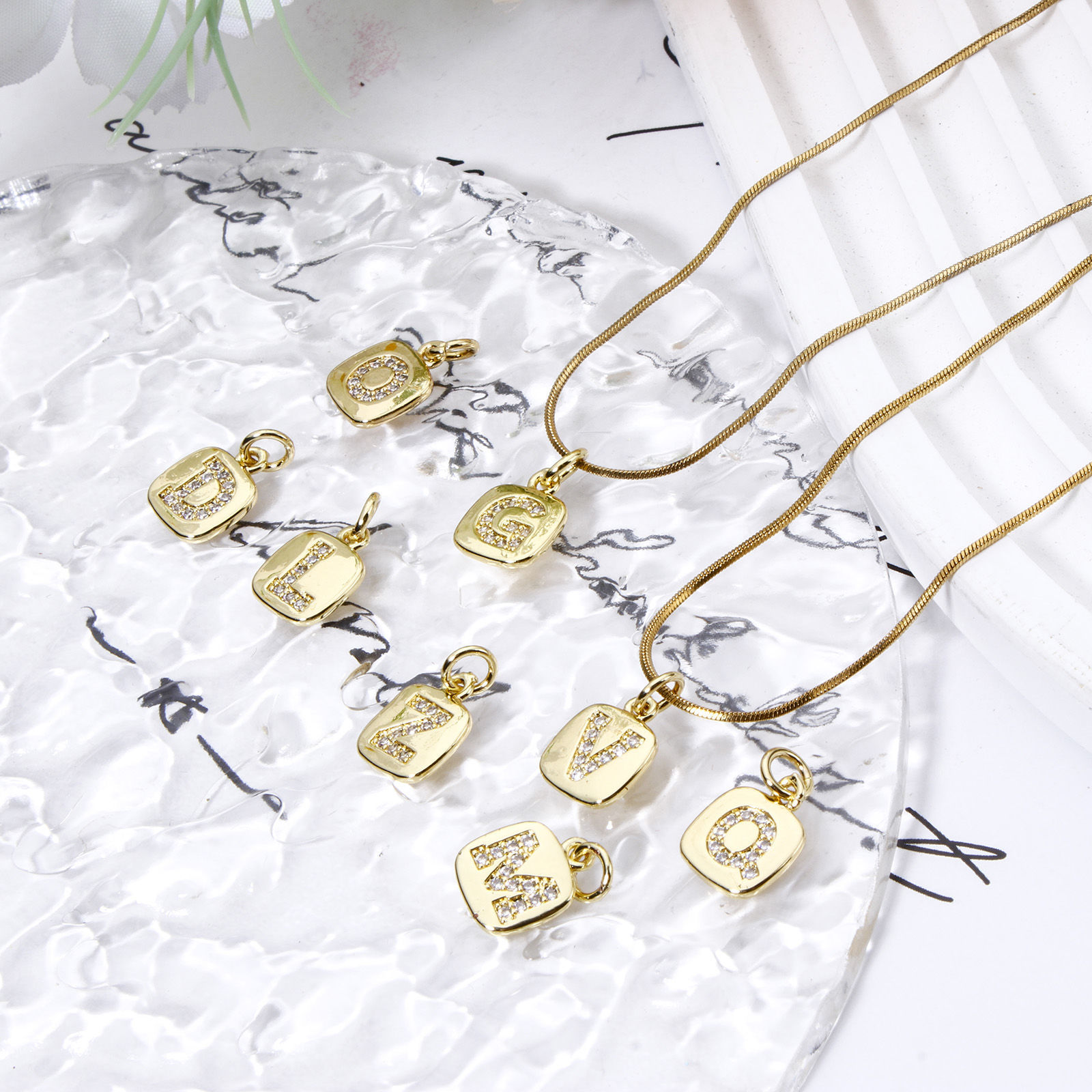 Picture of Eco-friendly Brass Charms 18K Real Gold Plated Square Capital Alphabet Initial Letter Micro Pave Clear Cubic Zirconia 15mm x 9mm