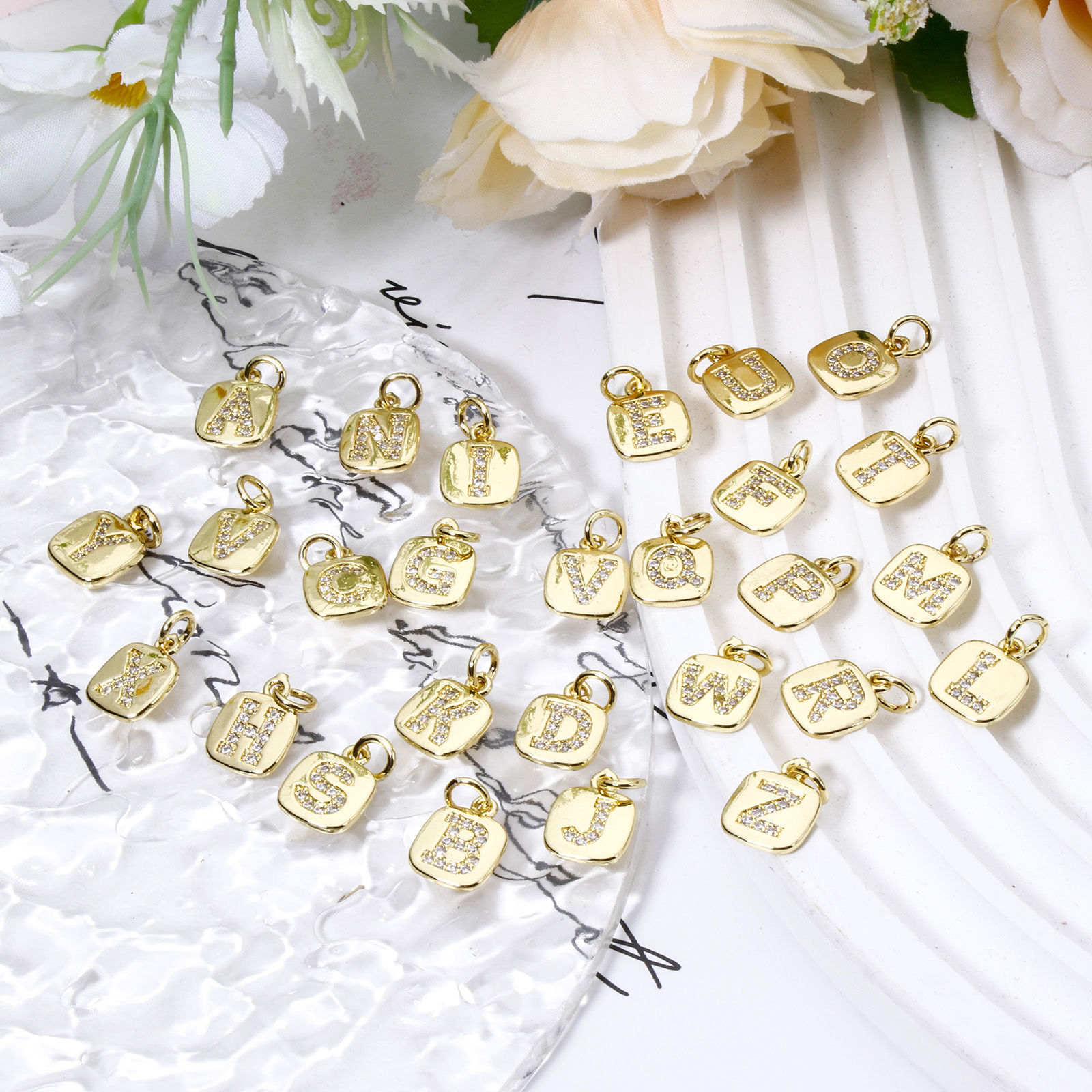 Picture of Eco-friendly Brass Charms 18K Real Gold Plated Square Capital Alphabet Initial Letter Micro Pave Clear Cubic Zirconia 15mm x 9mm