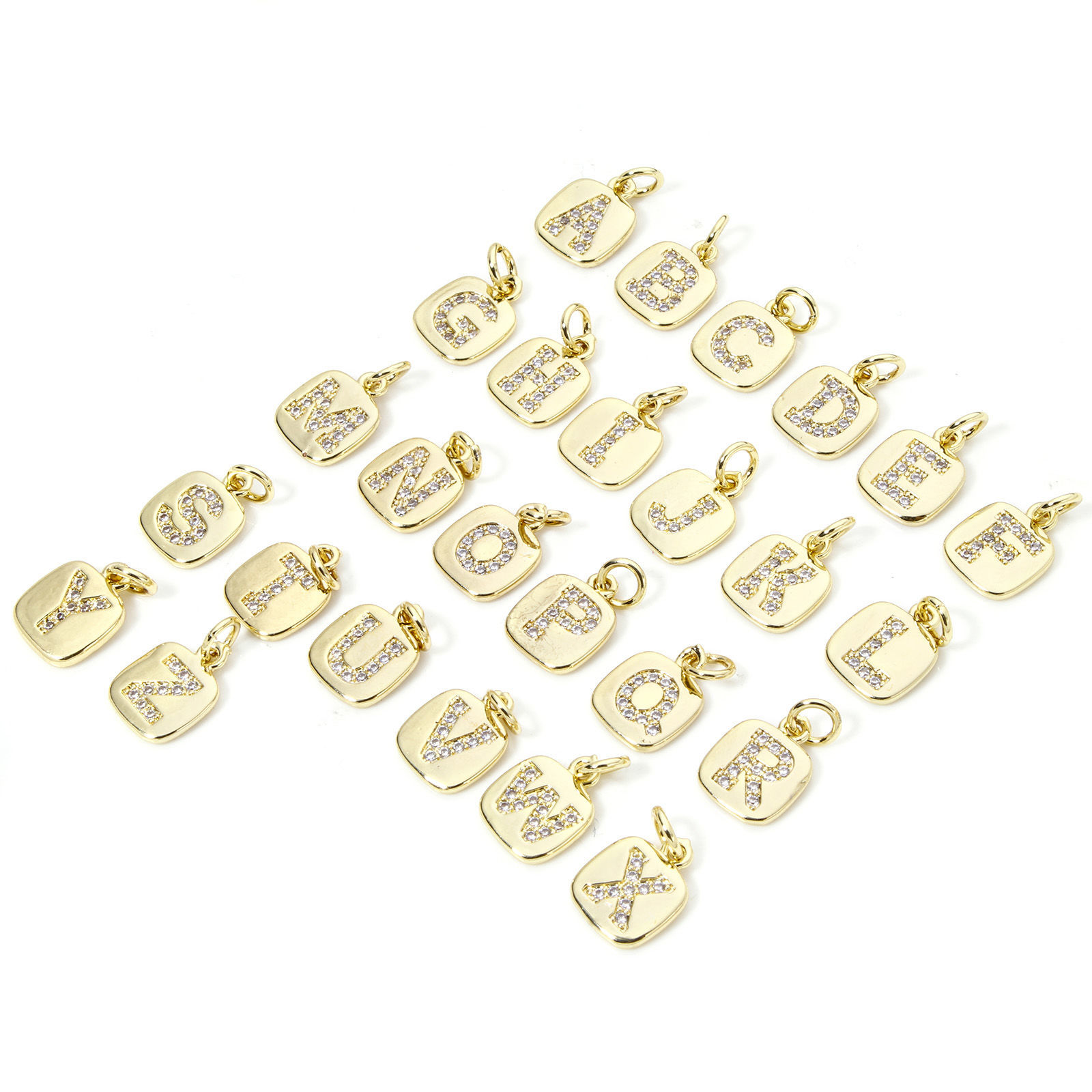 Picture of Eco-friendly Brass Charms 18K Real Gold Plated Square Capital Alphabet Initial Letter Micro Pave Clear Cubic Zirconia 15mm x 9mm