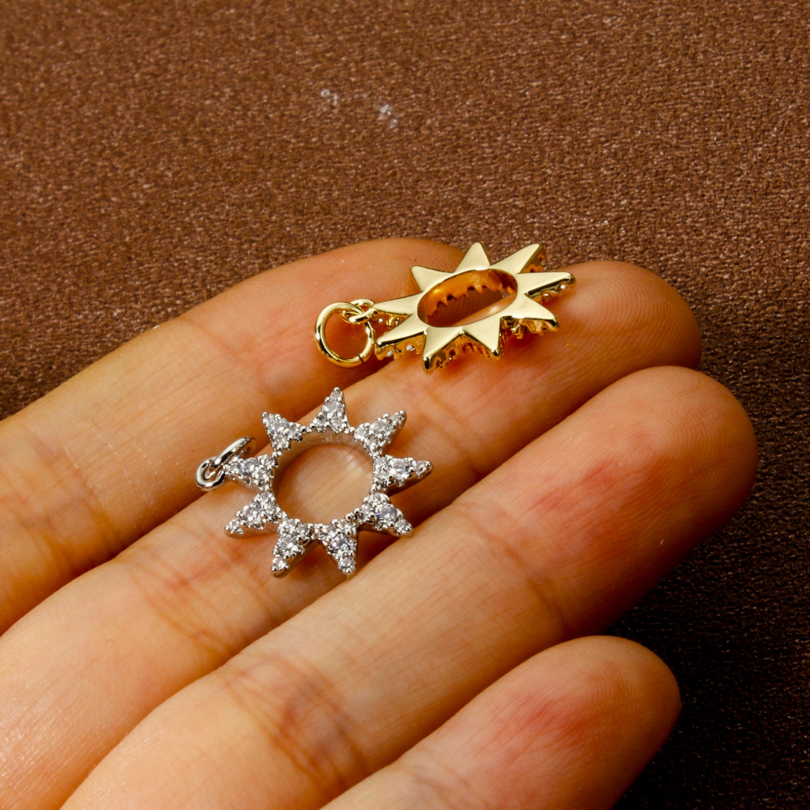 Picture of Eco-friendly Brass Galaxy Charms Real Gold Plated Sun Micro Pave Clear Cubic Zirconia 21mm x 16mm