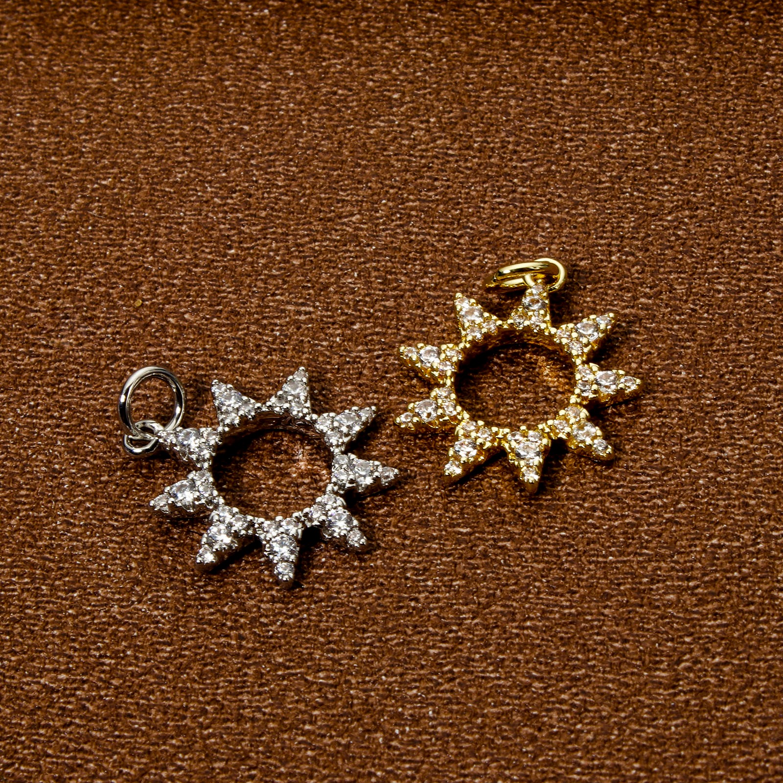 Picture of Eco-friendly Brass Galaxy Charms Real Gold Plated Sun Micro Pave Clear Cubic Zirconia 21mm x 16mm
