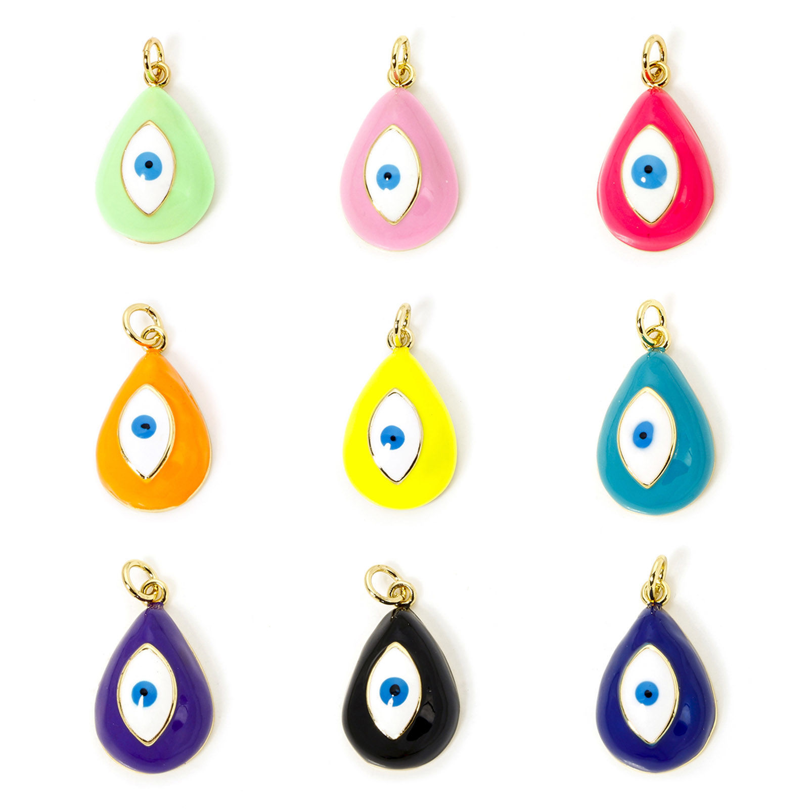 Image de 1 Pièce Breloques Religieux en Laiton Respectueux de la Nature Goutte d'Eau Plaqué Or Véritable 18K Œil Mauvais Émail 24mm x 13mm