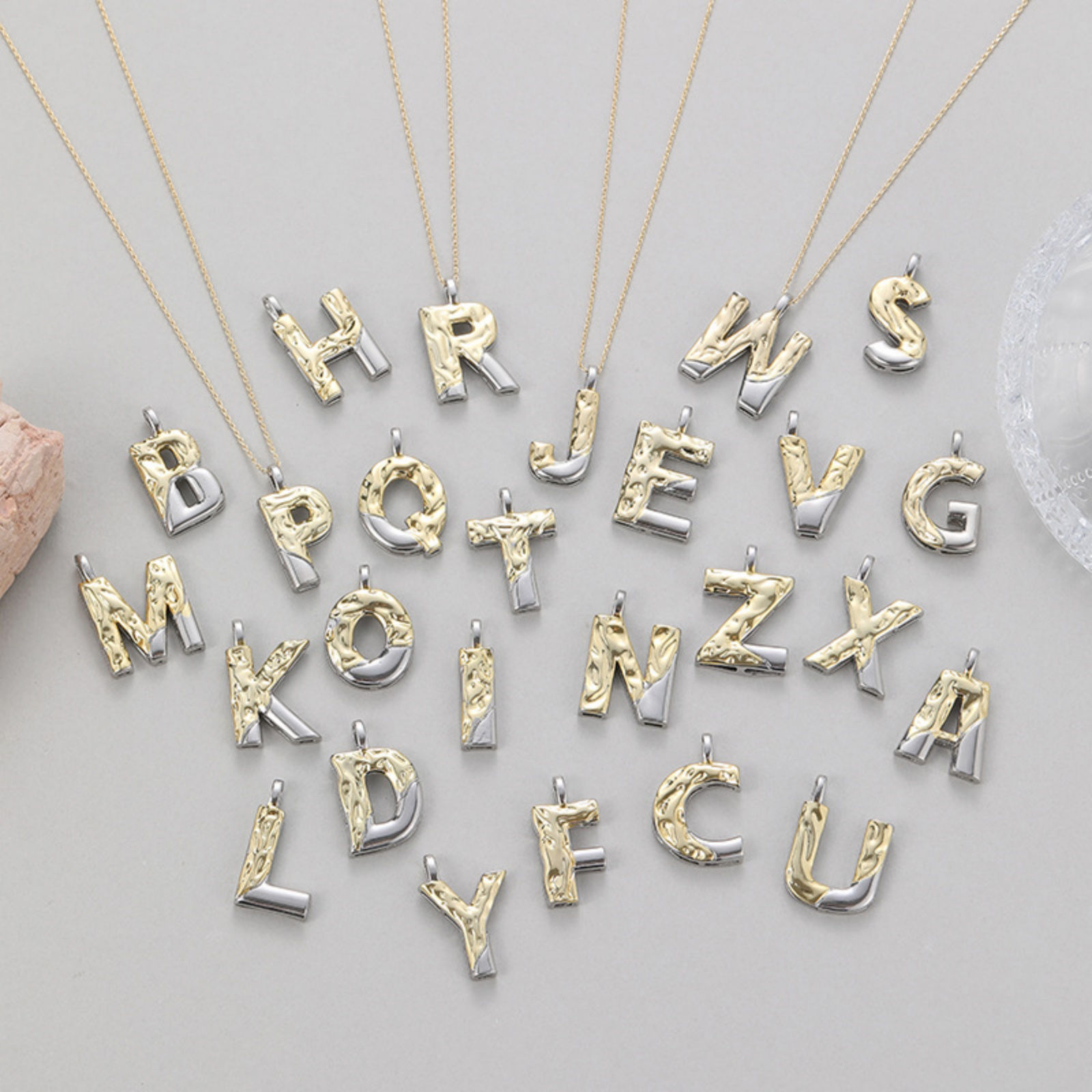 Picture of Brass Hammered Charms 14K Gold Plated & Platinum Plated Two Tone Capital Alphabet Initial Letter Message " A-Z "