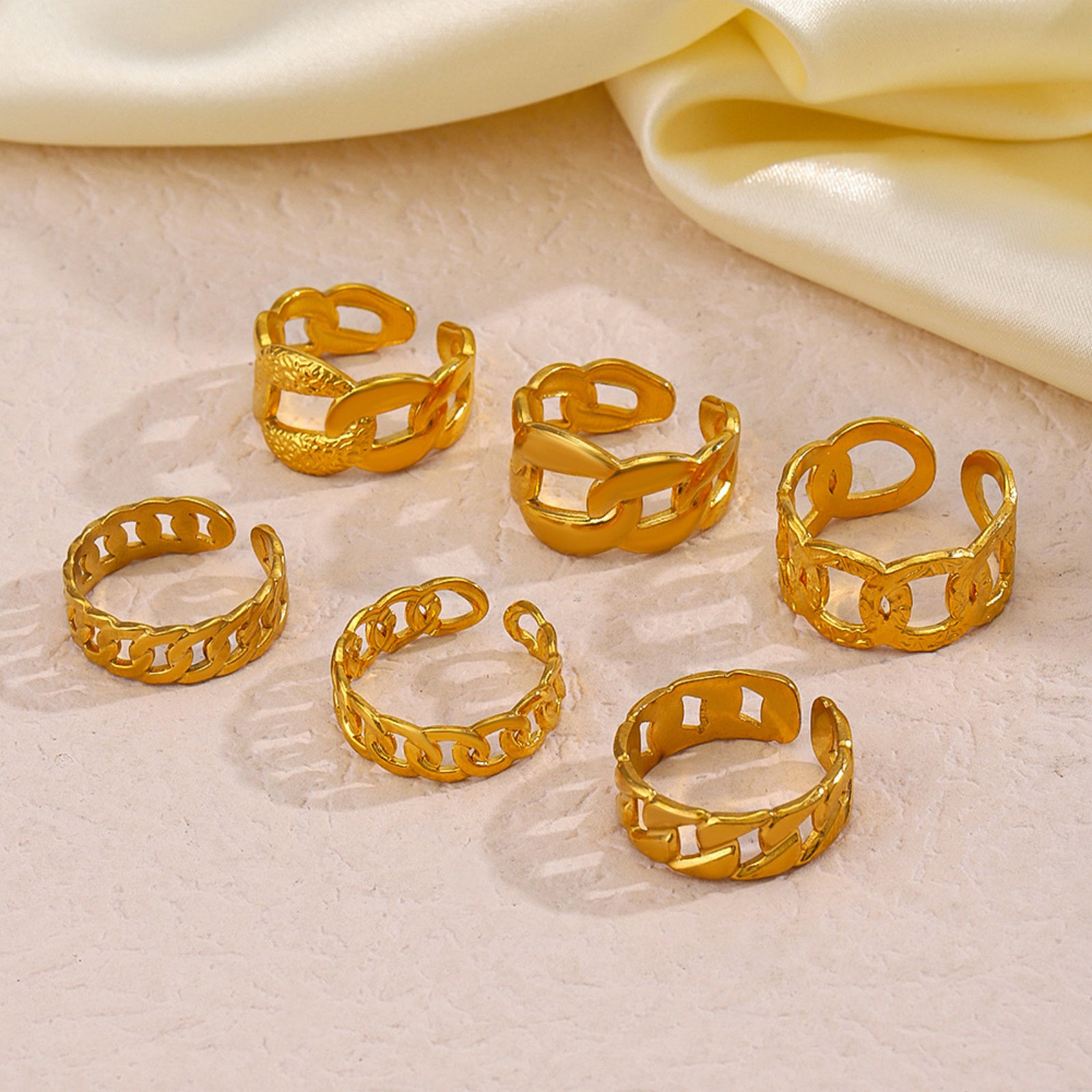 Изображение 1 Piece Eco-friendly Vacuum Plating 304 Stainless Steel Open Adjustable Rings 18K Gold Plated Link Chain 17mm(US Size 6.5)