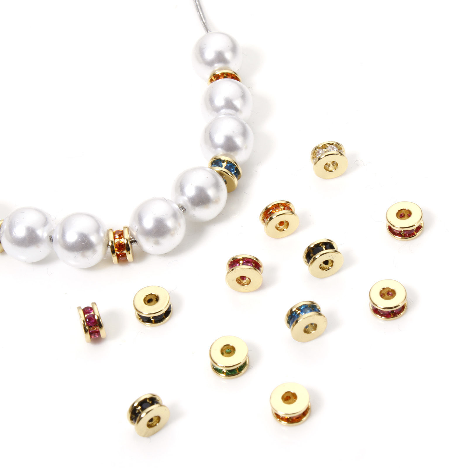 Picture of Eco-friendly Brass Spacer Beads For DIY Bracelet Jewelry Making Findings 18K Real Gold Plated Flat Round Multicolour Cubic Zirconia About 5mm Dia., Hole: Approx 1.8mm