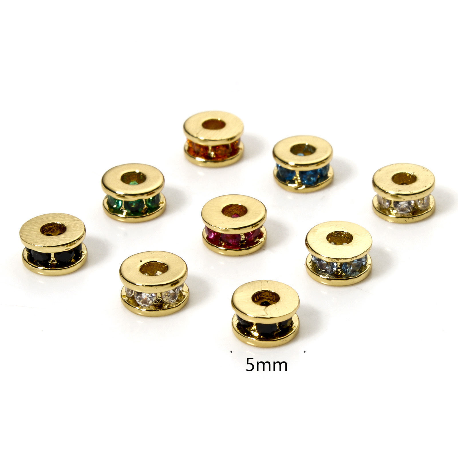 Picture of Eco-friendly Brass Spacer Beads For DIY Bracelet Jewelry Making Findings 18K Real Gold Plated Flat Round Multicolour Cubic Zirconia About 5mm Dia., Hole: Approx 1.8mm