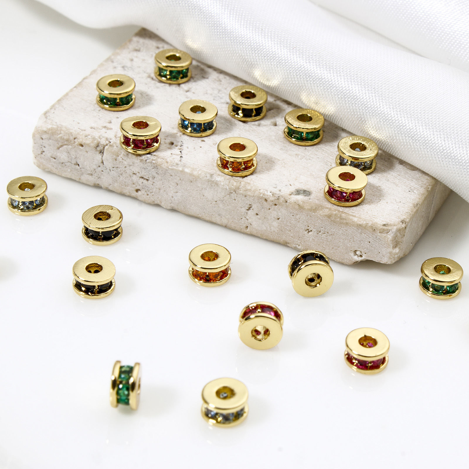 Picture of Eco-friendly Brass Spacer Beads For DIY Bracelet Jewelry Making Findings 18K Real Gold Plated Flat Round Multicolour Cubic Zirconia About 5mm Dia., Hole: Approx 1.8mm