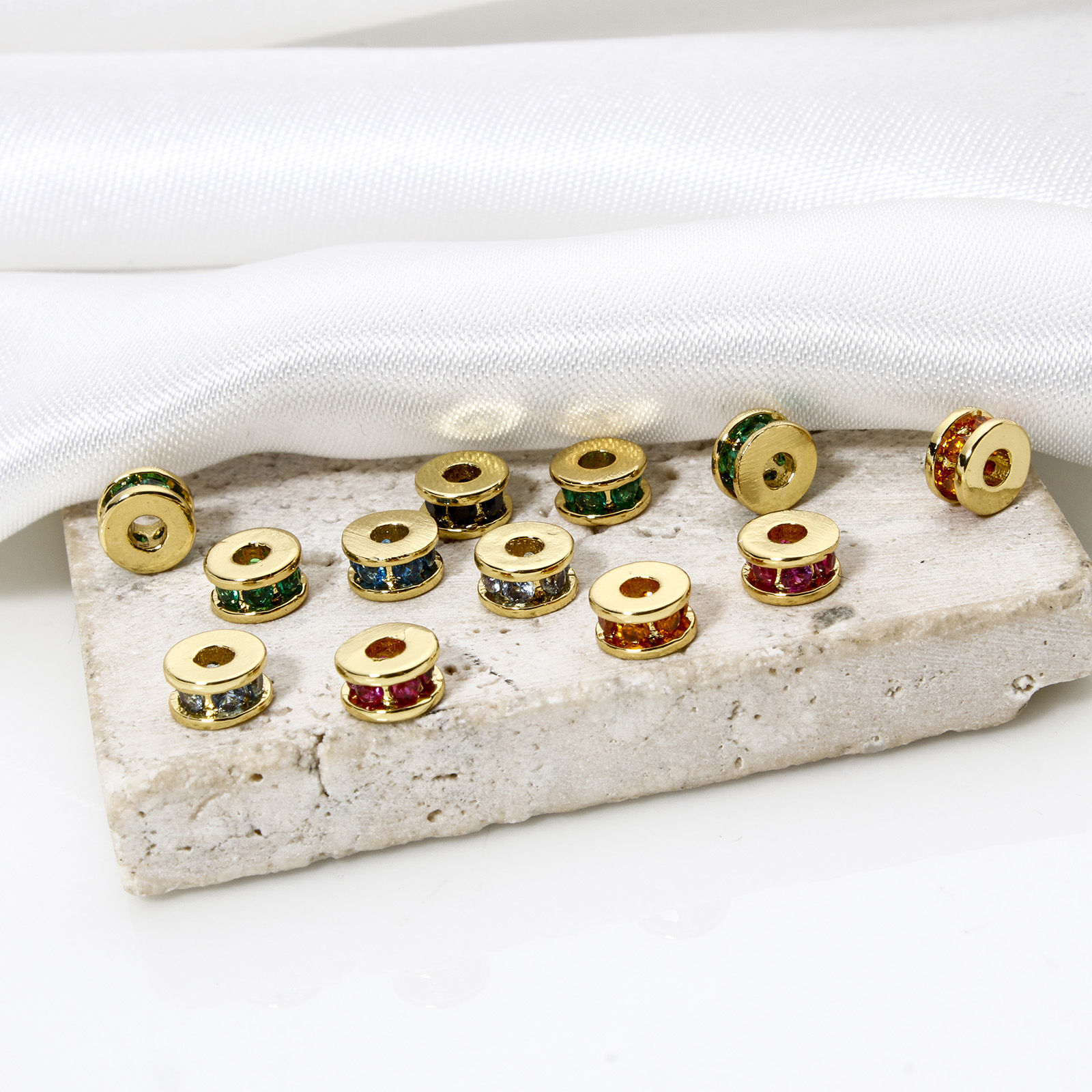 Picture of Eco-friendly Brass Spacer Beads For DIY Bracelet Jewelry Making Findings 18K Real Gold Plated Flat Round Multicolour Cubic Zirconia About 5mm Dia., Hole: Approx 1.8mm