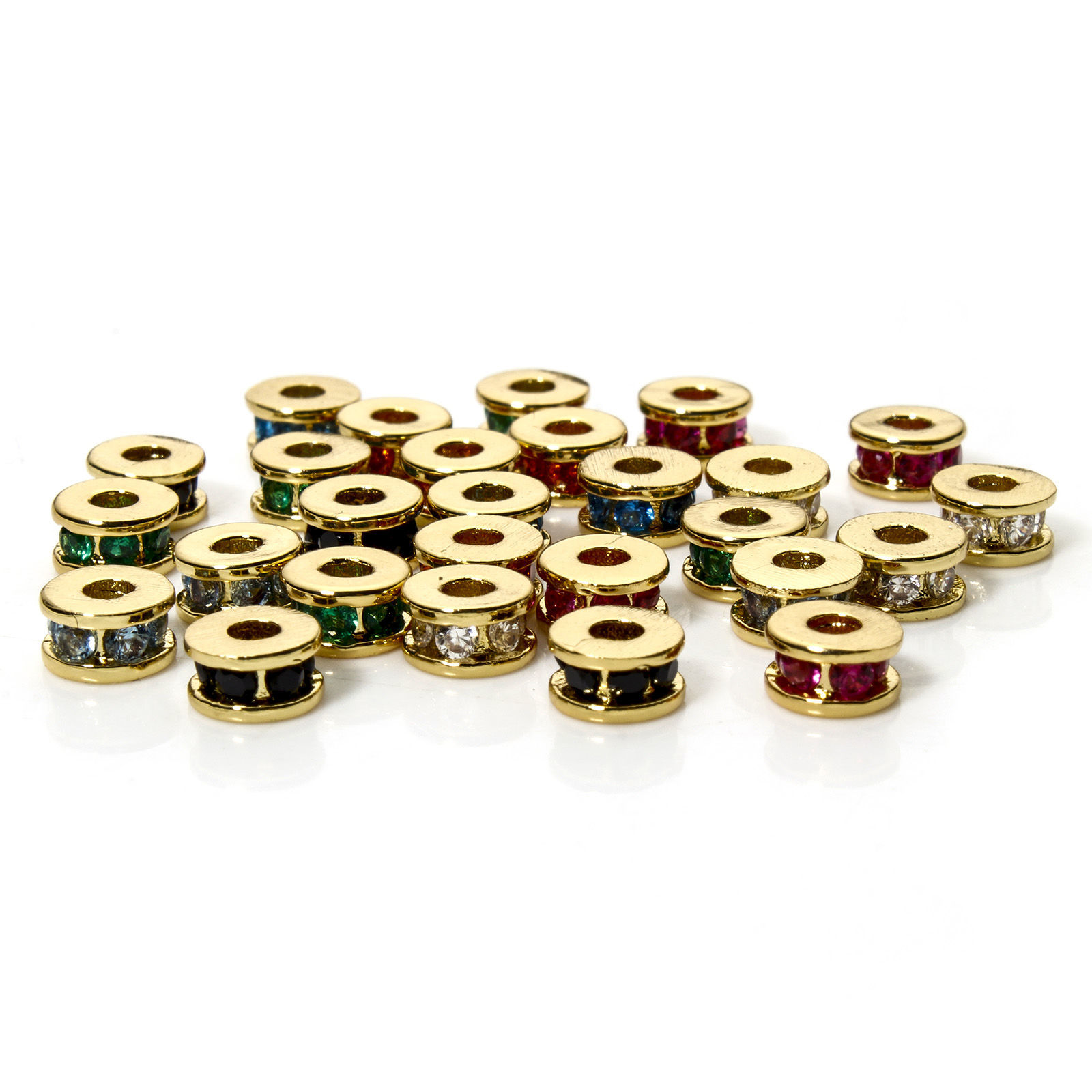Picture of Eco-friendly Brass Spacer Beads For DIY Bracelet Jewelry Making Findings 18K Real Gold Plated Flat Round Multicolour Cubic Zirconia About 5mm Dia., Hole: Approx 1.8mm
