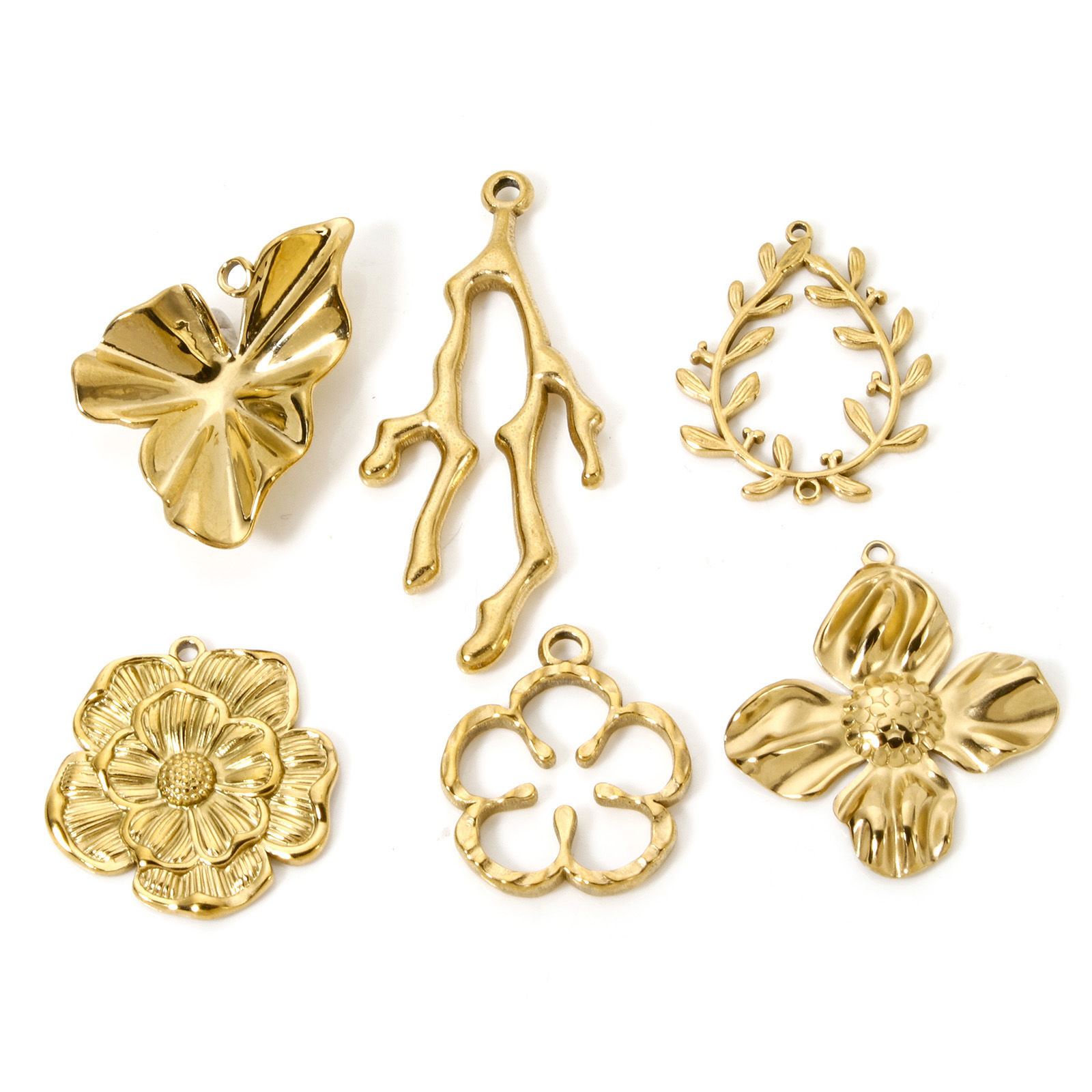 Picture of Eco-friendly Vacuum Plating 304 Stainless Steel Flora Collection Charms 18K Real Gold Plated Flower Leaf