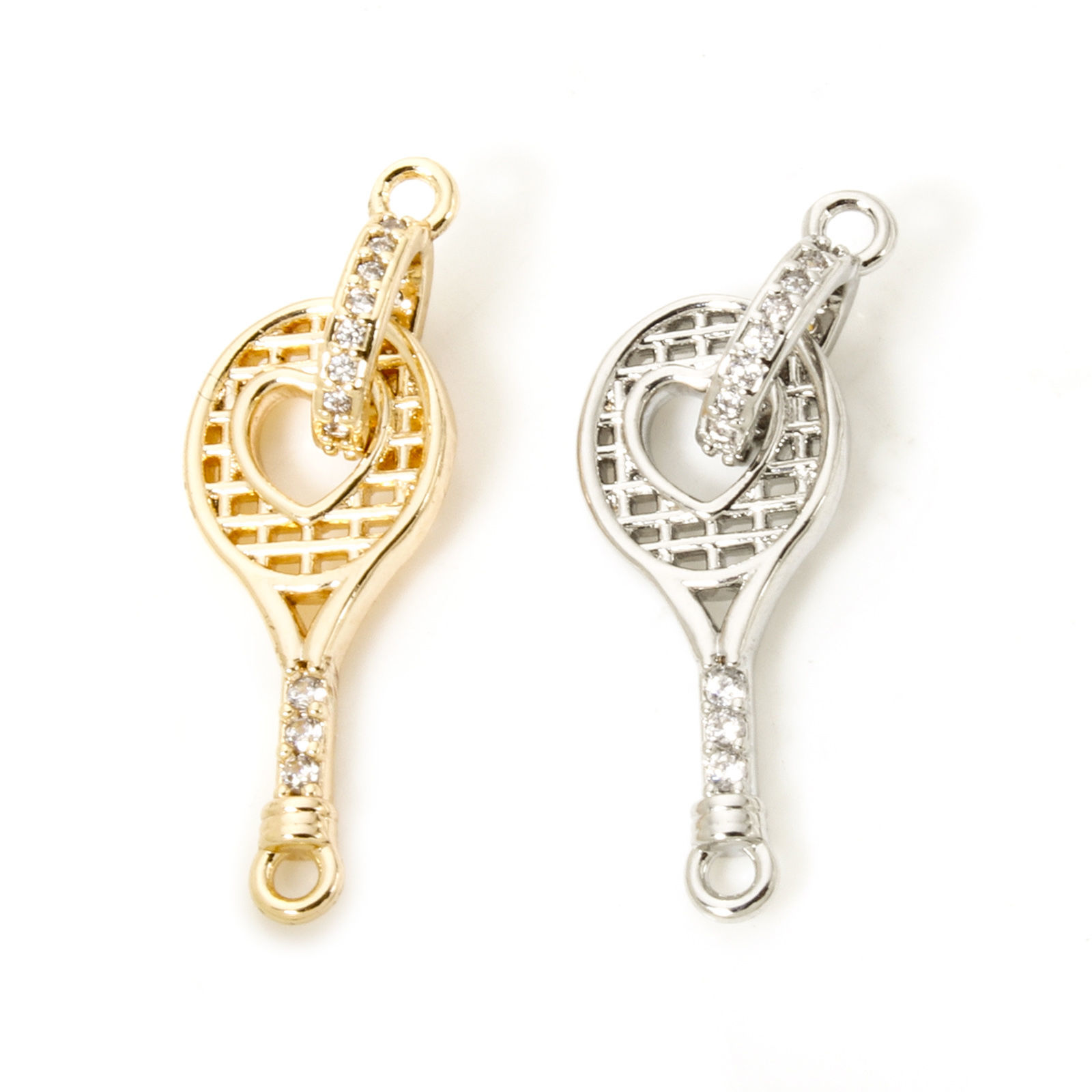 Изображение 1 ШТ Экологичный Латунь спорт Соединители Подвески Подвески фурнитуры Ракетка настоящее золото с покрытием Бижутерия усыпанная мелким фианит Прозрачный Искусственный Циркон 26мм x 8.5мм