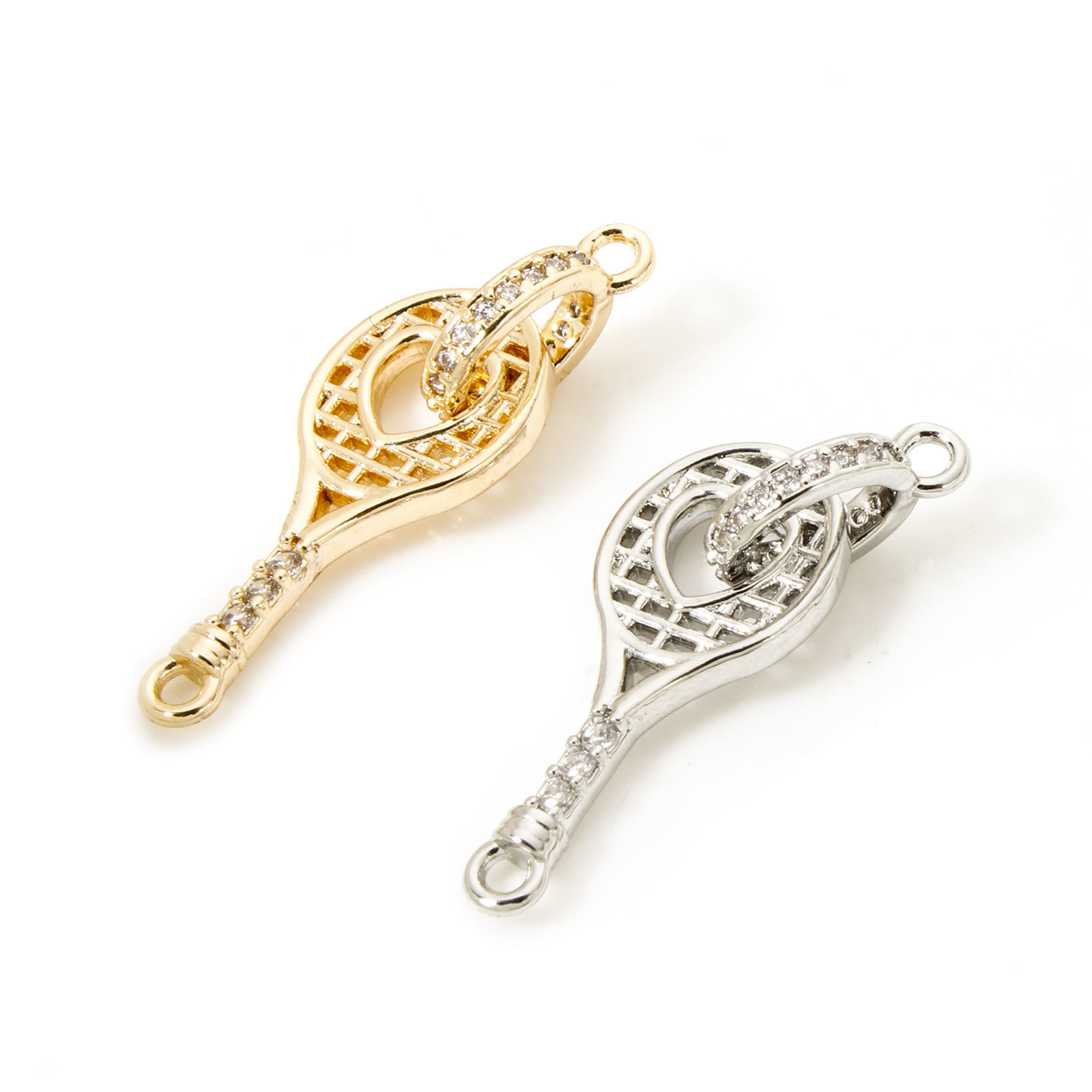 Изображение 1 ШТ Экологичный Латунь спорт Соединители Подвески Подвески фурнитуры Ракетка настоящее золото с покрытием Бижутерия усыпанная мелким фианит Прозрачный Искусственный Циркон 26мм x 8.5мм