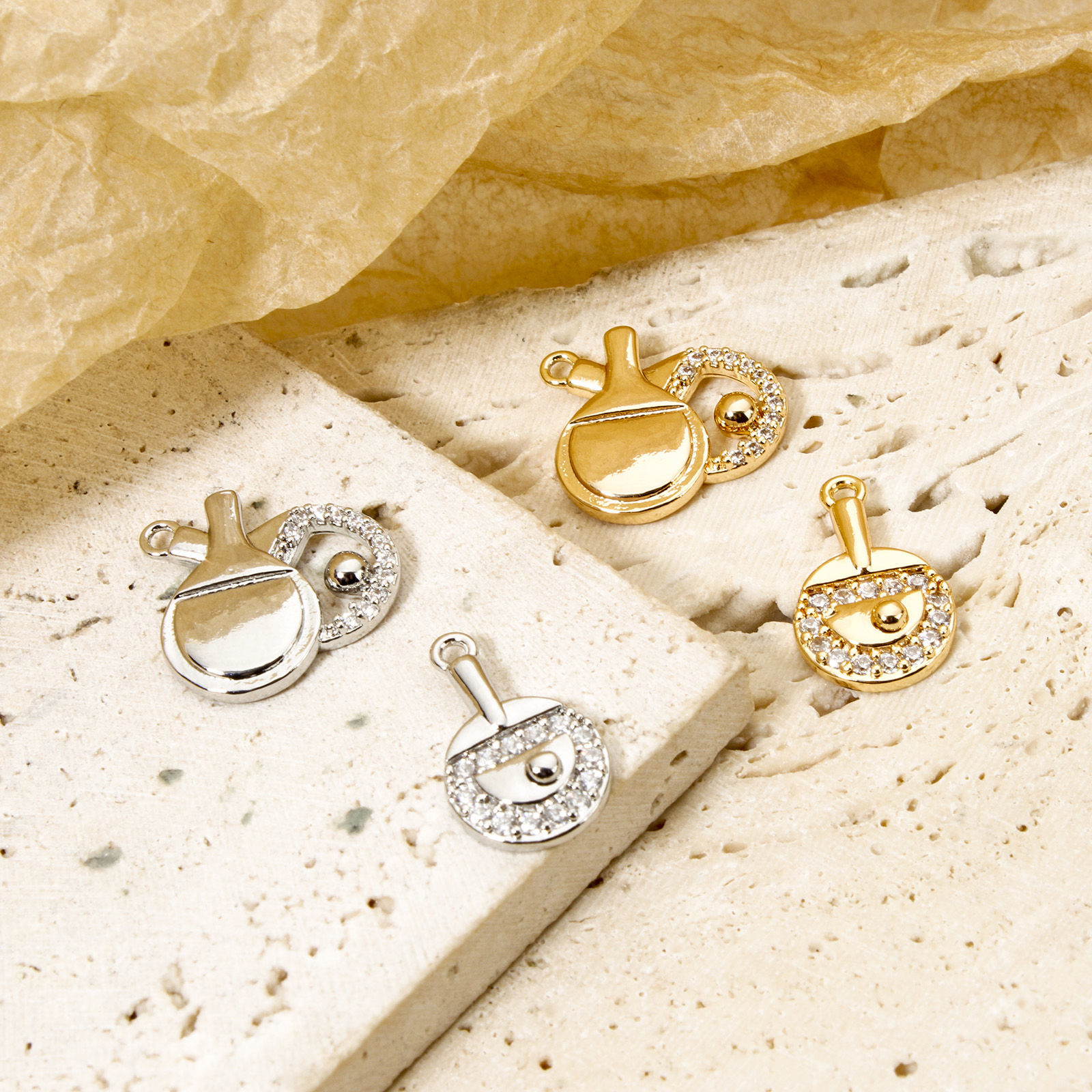 Bild von Umweltfreundlich Messing Charms Echtgold plattiert Schläger Tischtennis Micro Pave Klar Zirkonia