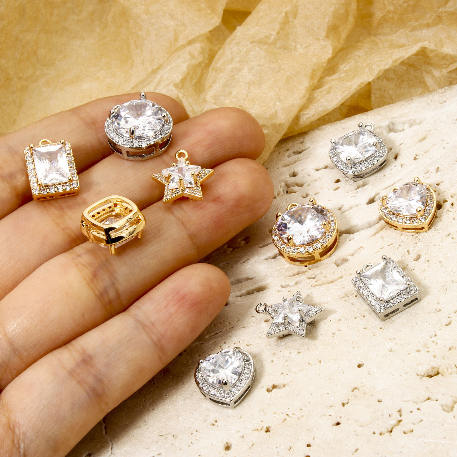 Picture of Eco-friendly Brass Geometric Charms Real Gold Plated Micro Pave Clear Cubic Zirconia Clear Rhinestone
