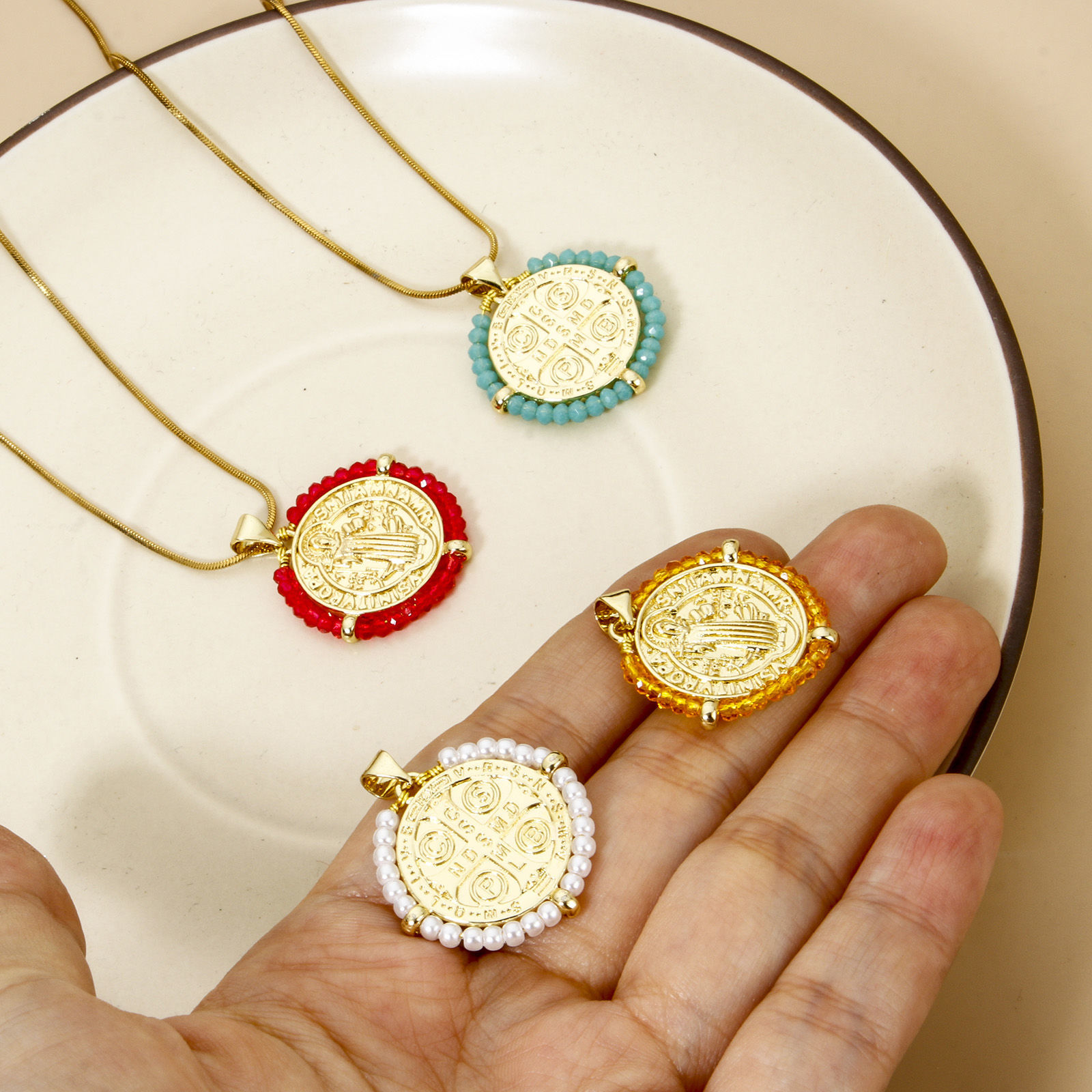 Picture of Brass & Glass Religious Disc Charm Pendant 18K Gold Plated St. Benedict Medal Double Sided 29mm x 25mm