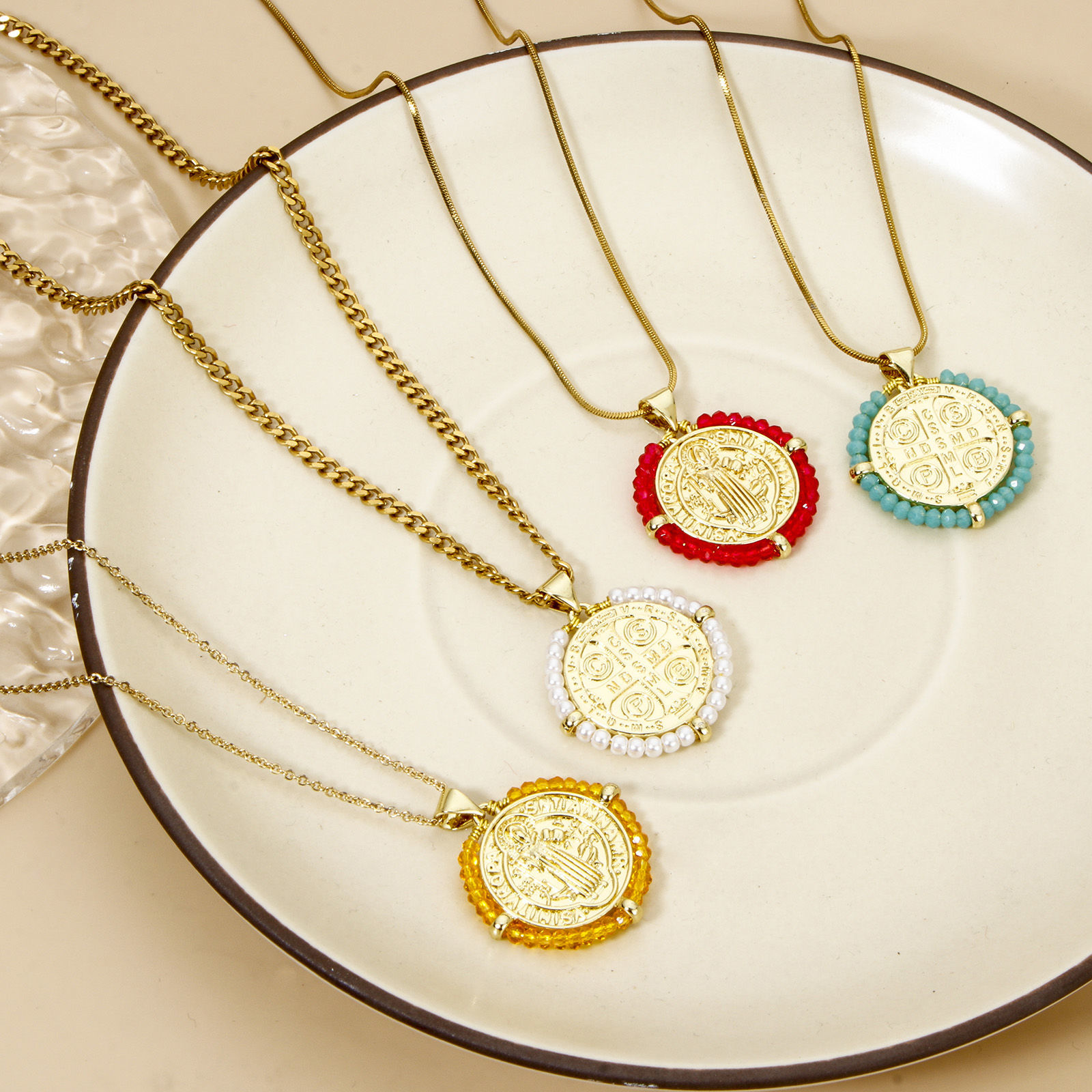Picture of Brass & Glass Religious Disc Charm Pendant 18K Gold Plated St. Benedict Medal Double Sided 29mm x 25mm