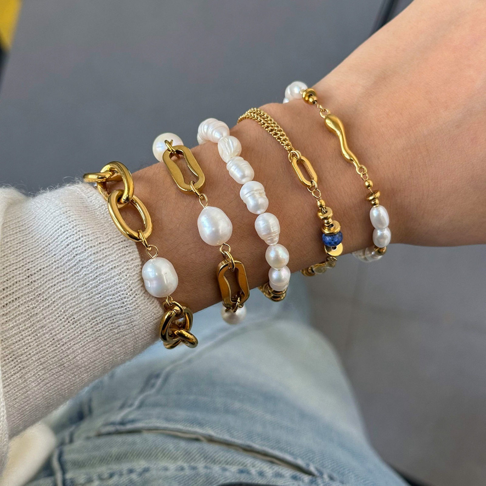 Picture of Eco-friendly PVD Vacuum Plating Ins Style 18K Real Gold Plated Stainless Steel Imitation Pearl Bracelets For Women