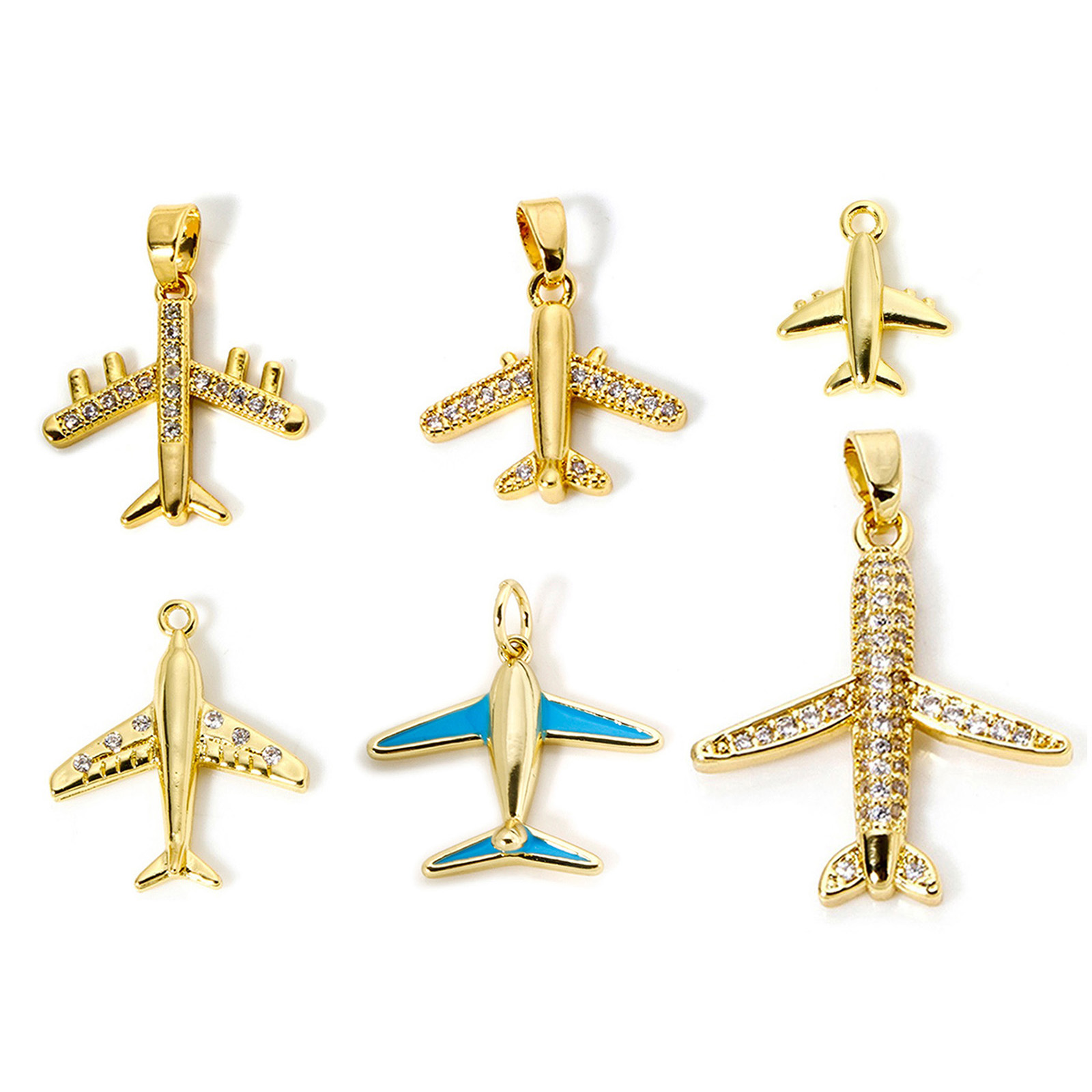 Picture of Brass Transport Charm Pendant Multicolor Airplane Micro Pave Clear Cubic Zirconia 29mm x 21mm