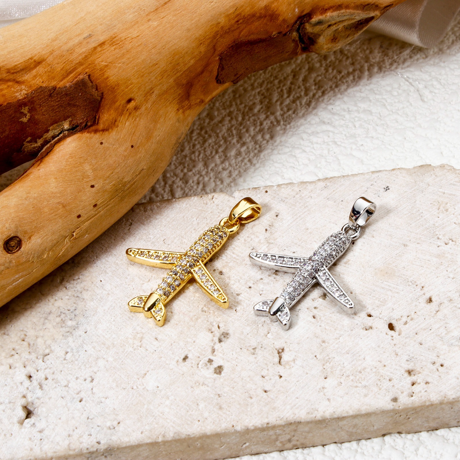 Picture of Brass Transport Charm Pendant Multicolor Airplane Micro Pave Clear Cubic Zirconia 29mm x 21mm