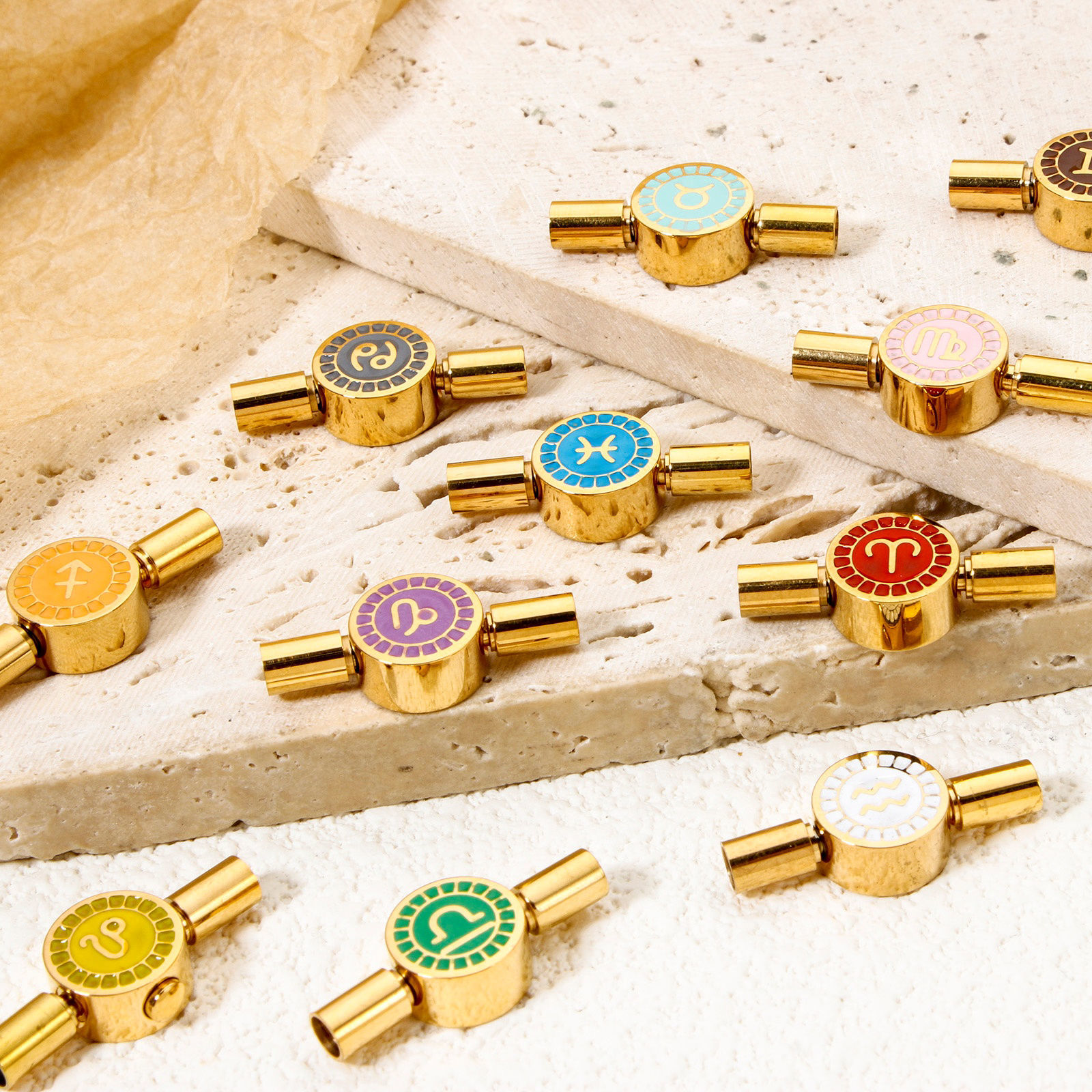 Bild von Umweltfreundliche PVD-Vakuumbeschichtung 304 Edelstahl Emaille Collierschlaufe Rund Sternbild 18K Vergoldet Umdrehbar (Für 3mm Schnur) 23mm x 10mm