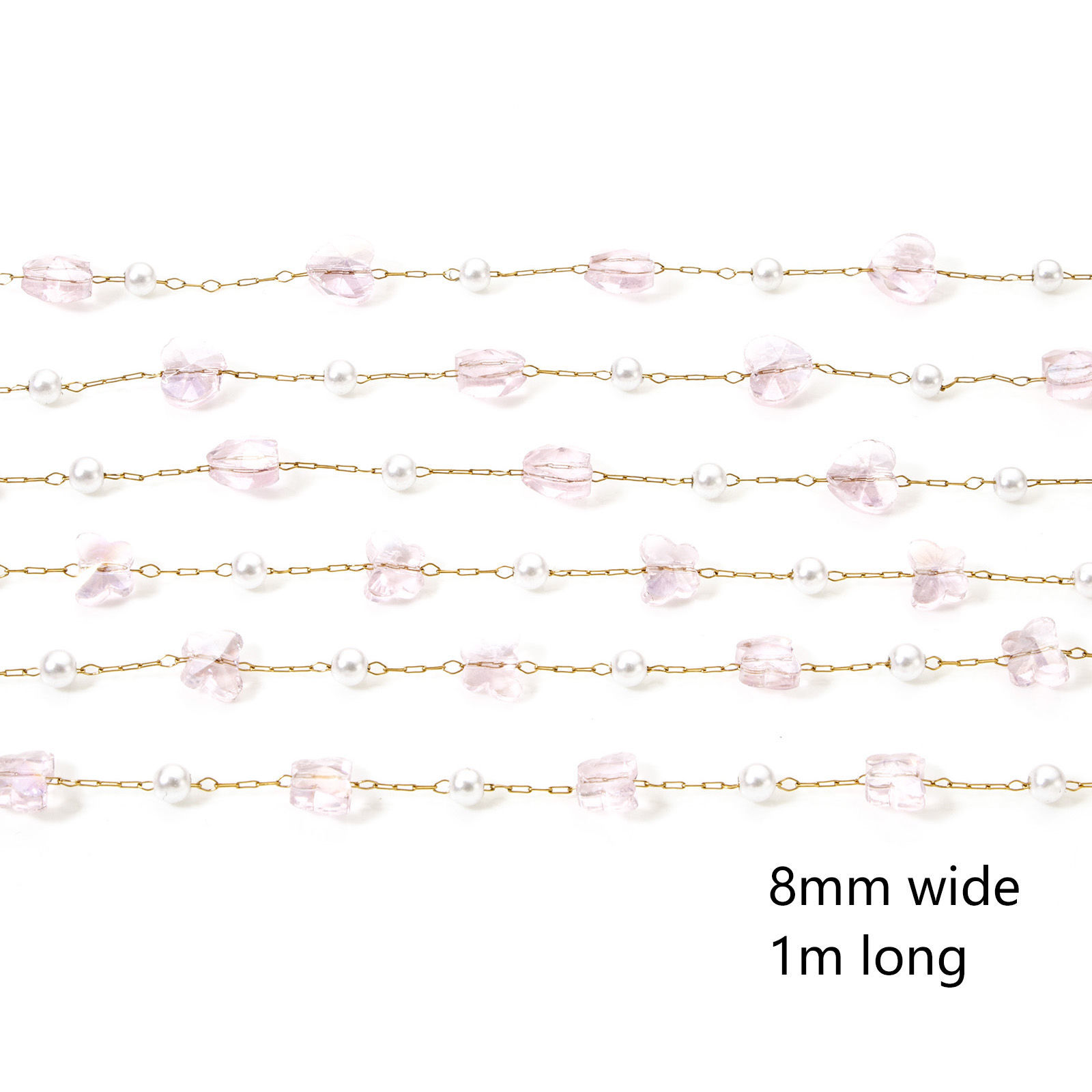 Picture of 1 M Eco-friendly PVD Vacuum Plating 304 Stainless Steel Imitation Pearl Beaded Chain For Handmade DIY Jewelry Making Findings Silver Tone White & Pink 8mm