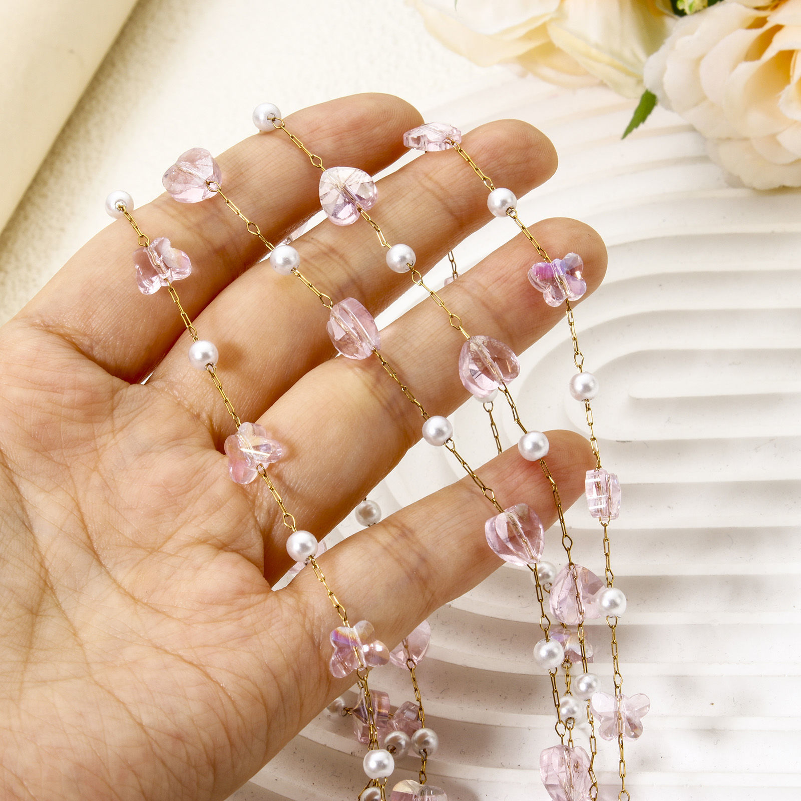 Picture of 1 M Eco-friendly PVD Vacuum Plating 304 Stainless Steel Imitation Pearl Beaded Chain For Handmade DIY Jewelry Making Findings Silver Tone White & Pink 8mm