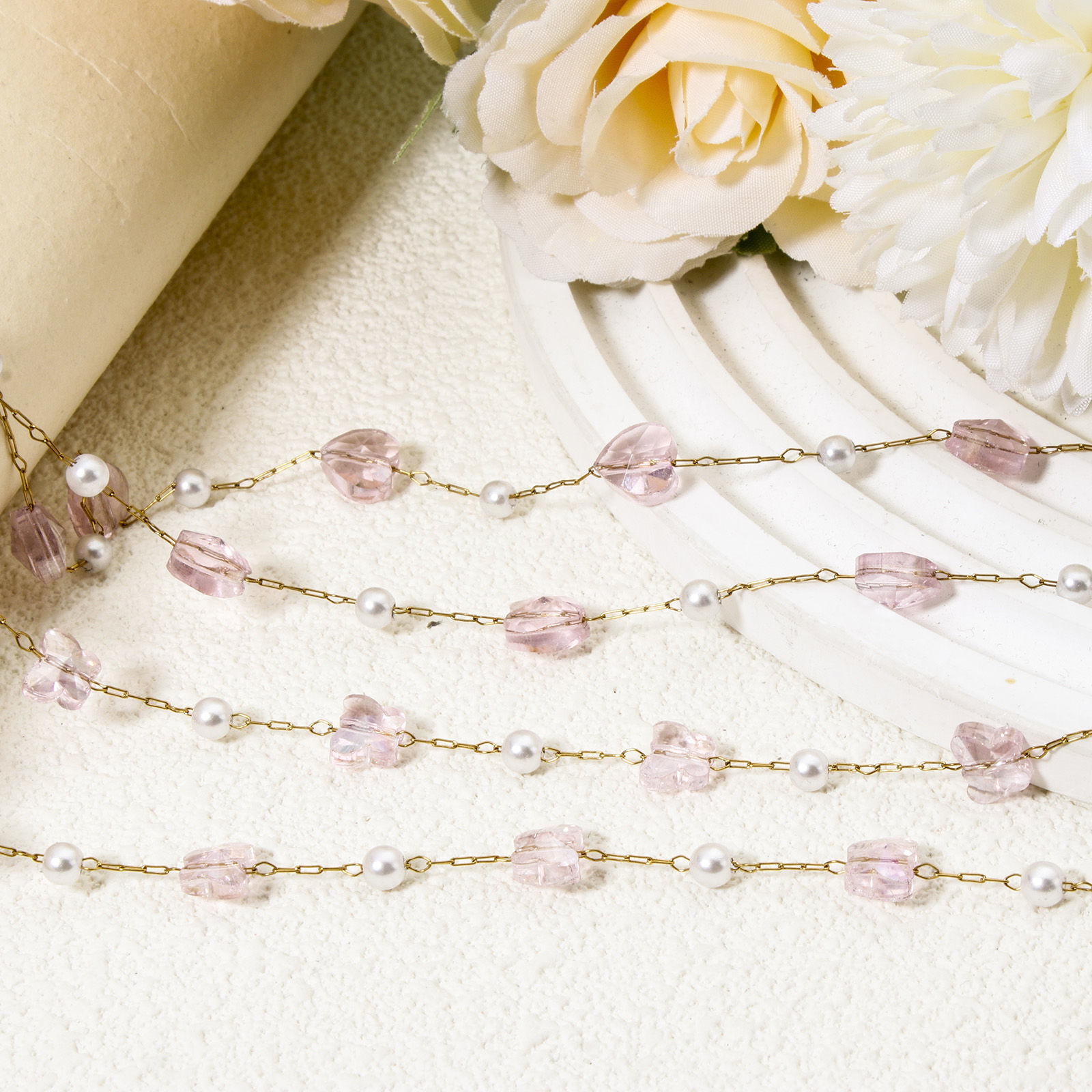 Picture of 1 M Eco-friendly PVD Vacuum Plating 304 Stainless Steel Imitation Pearl Beaded Chain For Handmade DIY Jewelry Making Findings Silver Tone White & Pink 8mm