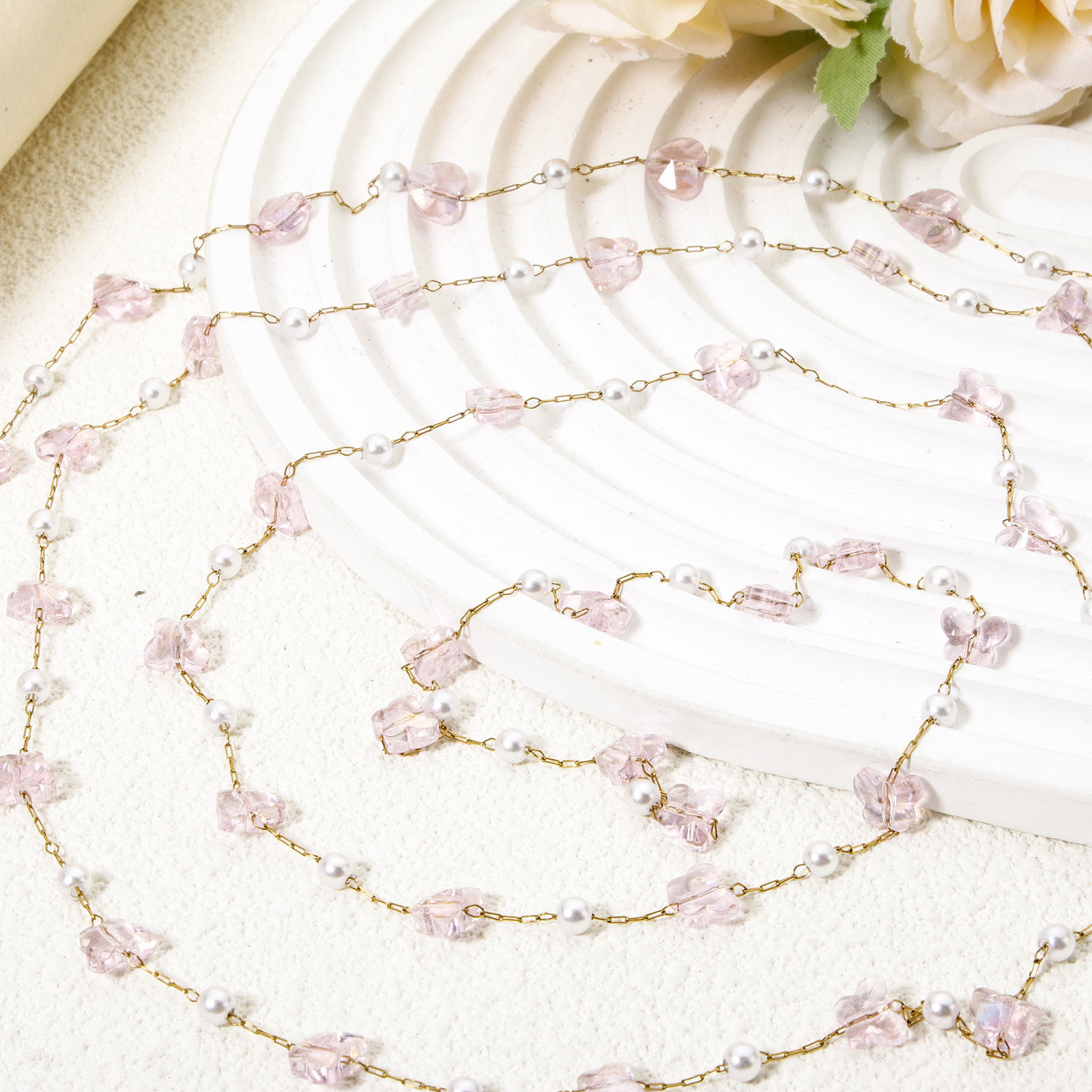Picture of 1 M Eco-friendly PVD Vacuum Plating 304 Stainless Steel Imitation Pearl Beaded Chain For Handmade DIY Jewelry Making Findings Silver Tone White & Pink 8mm