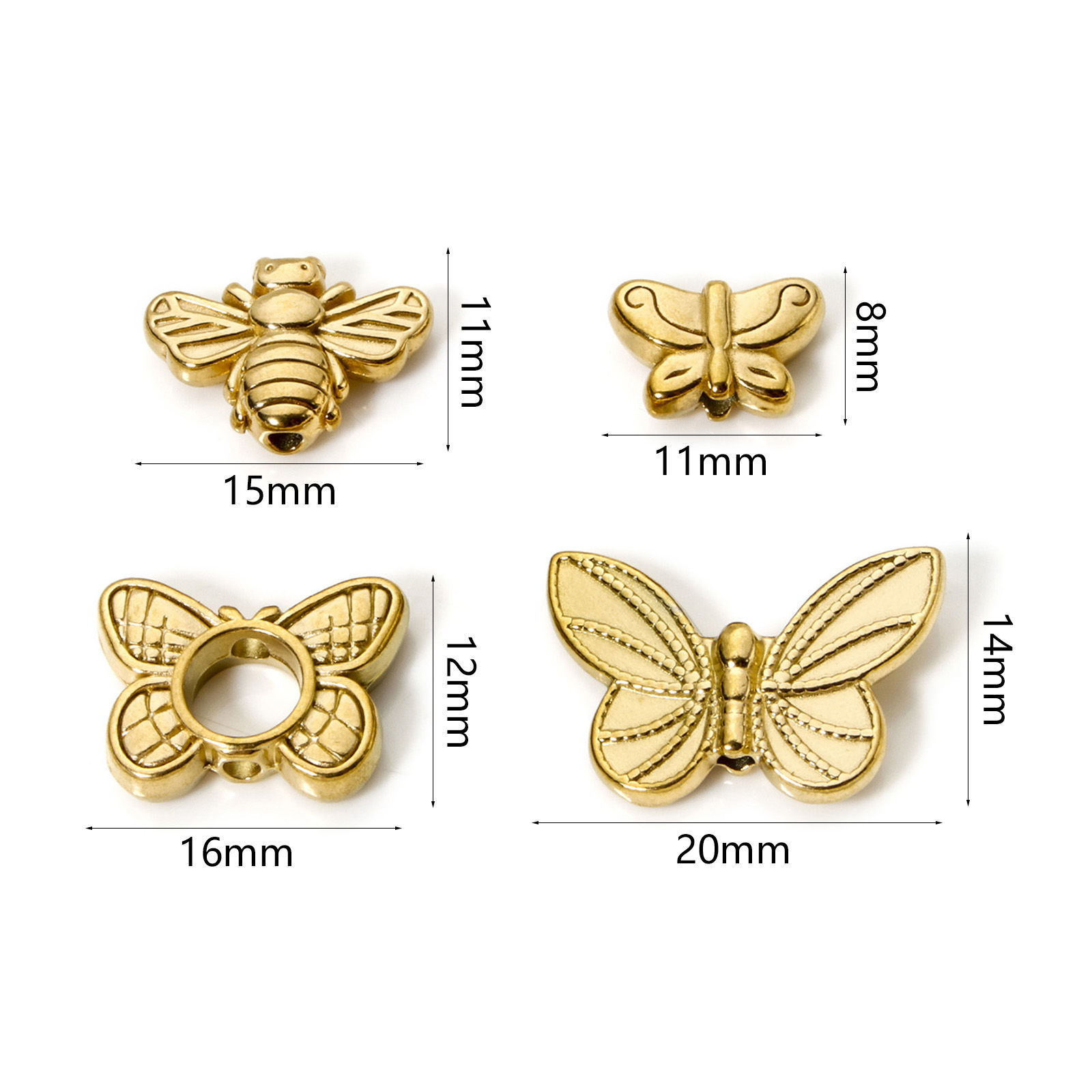 Picture of Eco-friendly Vacuum Plating 304 Stainless Steel Insect Beads For DIY Jewelry Making 18K Real Gold Plated Butterfly Animal