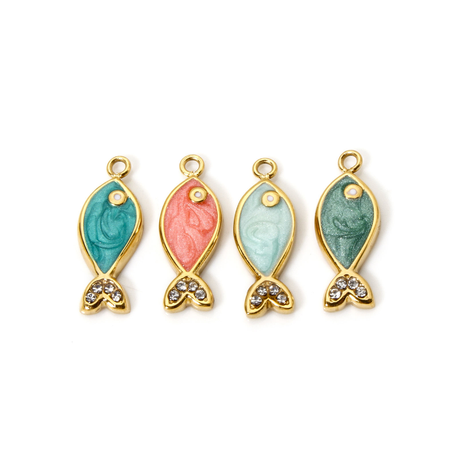 Picture of Eco-friendly PVD Vacuum Plating 304 Stainless Steel Ocean Jewelry Charms 14K Real Gold Plated Multicolor Fish Animal Enamel Clear Rhinestone 16mm x 6mm