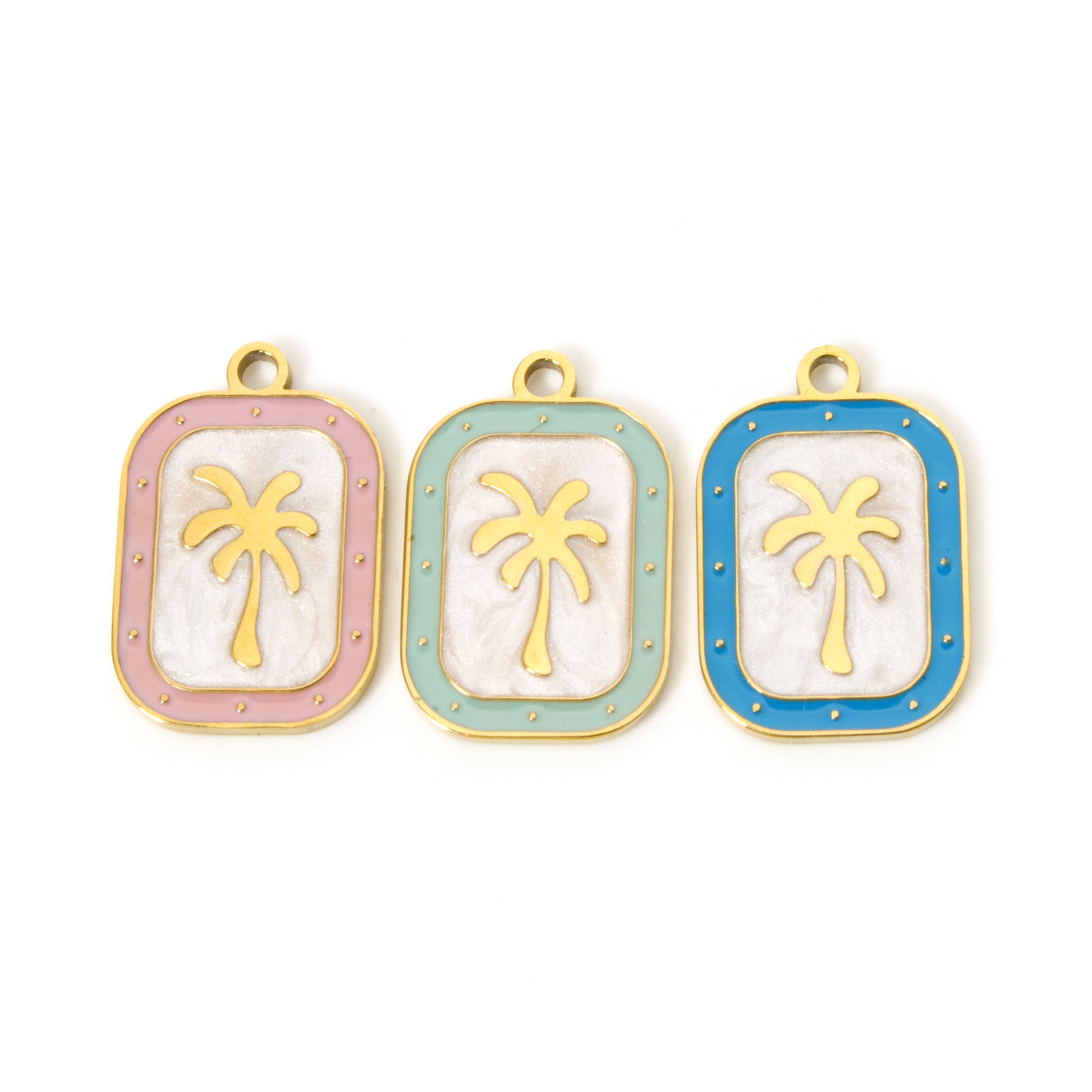 Picture of Eco-friendly PVD Vacuum Plating 304 Stainless Steel Flora Collection Charms 18K Real Gold Plated Multicolor Rectangle Coconut Palm Tree Enamel 20mm x 13mm