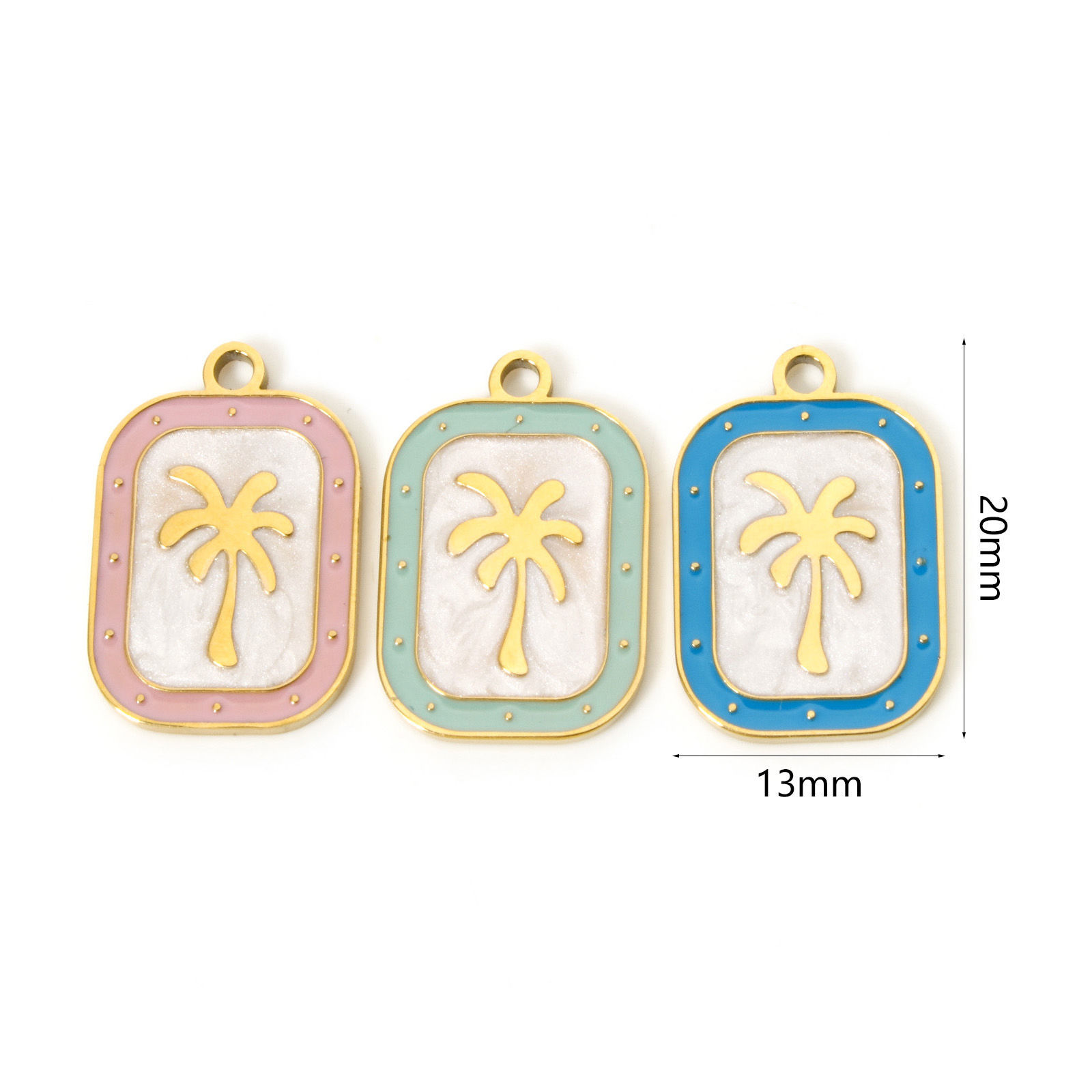 Picture of Eco-friendly PVD Vacuum Plating 304 Stainless Steel Flora Collection Charms 18K Real Gold Plated Multicolor Rectangle Coconut Palm Tree Enamel 20mm x 13mm