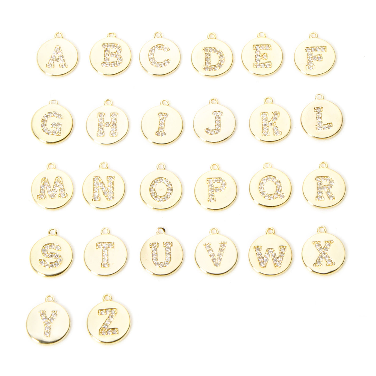 Image de 2 Pcs Breloques en Laiton Rond Plaqué Or 18K Alphabet Initial/ Lettre Majuscule Micro Pave à Zircone Cubique Clair 12mm x 10mm