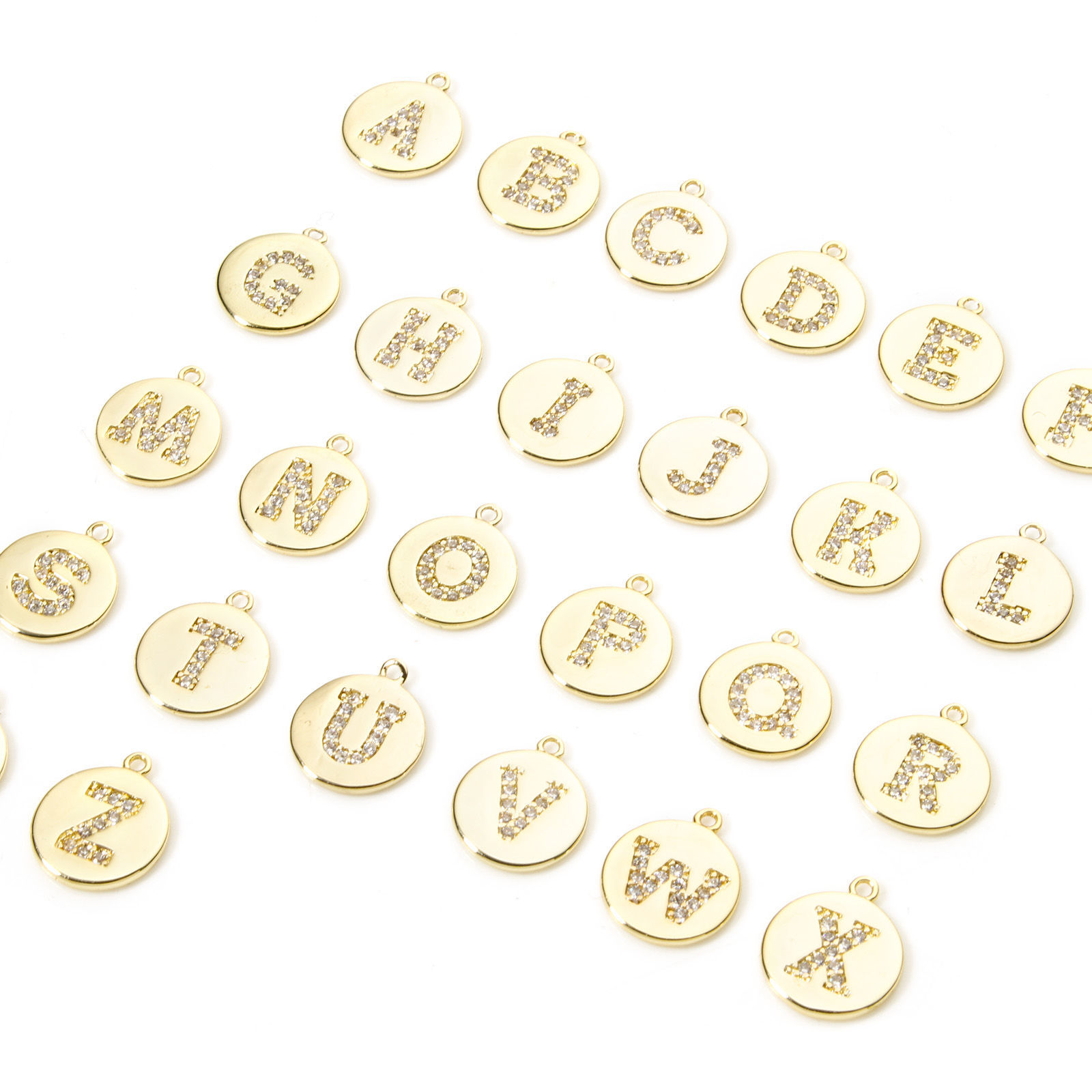 Image de 2 Pcs Breloques en Laiton Rond Plaqué Or 18K Alphabet Initial/ Lettre Majuscule Micro Pave à Zircone Cubique Clair 12mm x 10mm