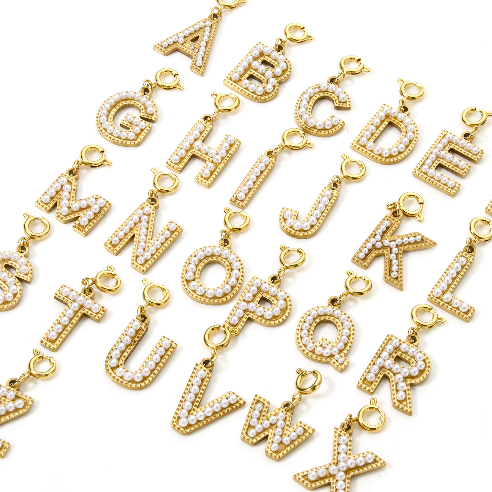 Immagine di 1 Piece Eco-friendly PVD Vacuum Plating 304 Stainless Steel Charms 18K Gold Plated Capital Alphabet Initial Letter Message " A-Z " Acrylic Imitation Pearl 27mm x 12mm