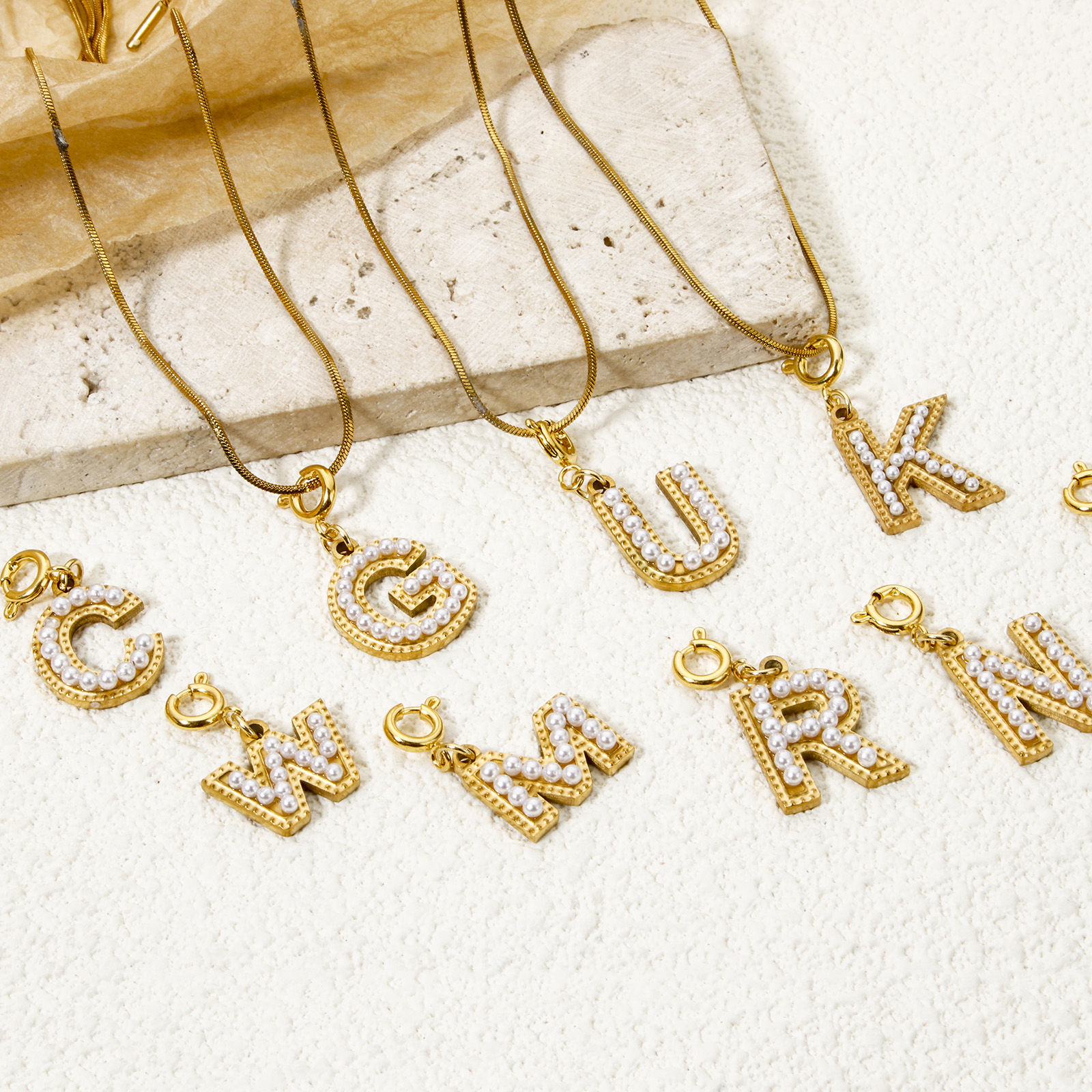 Immagine di 1 Piece Eco-friendly PVD Vacuum Plating 304 Stainless Steel Charms 18K Gold Plated Capital Alphabet Initial Letter Message " A-Z " Acrylic Imitation Pearl 27mm x 12mm