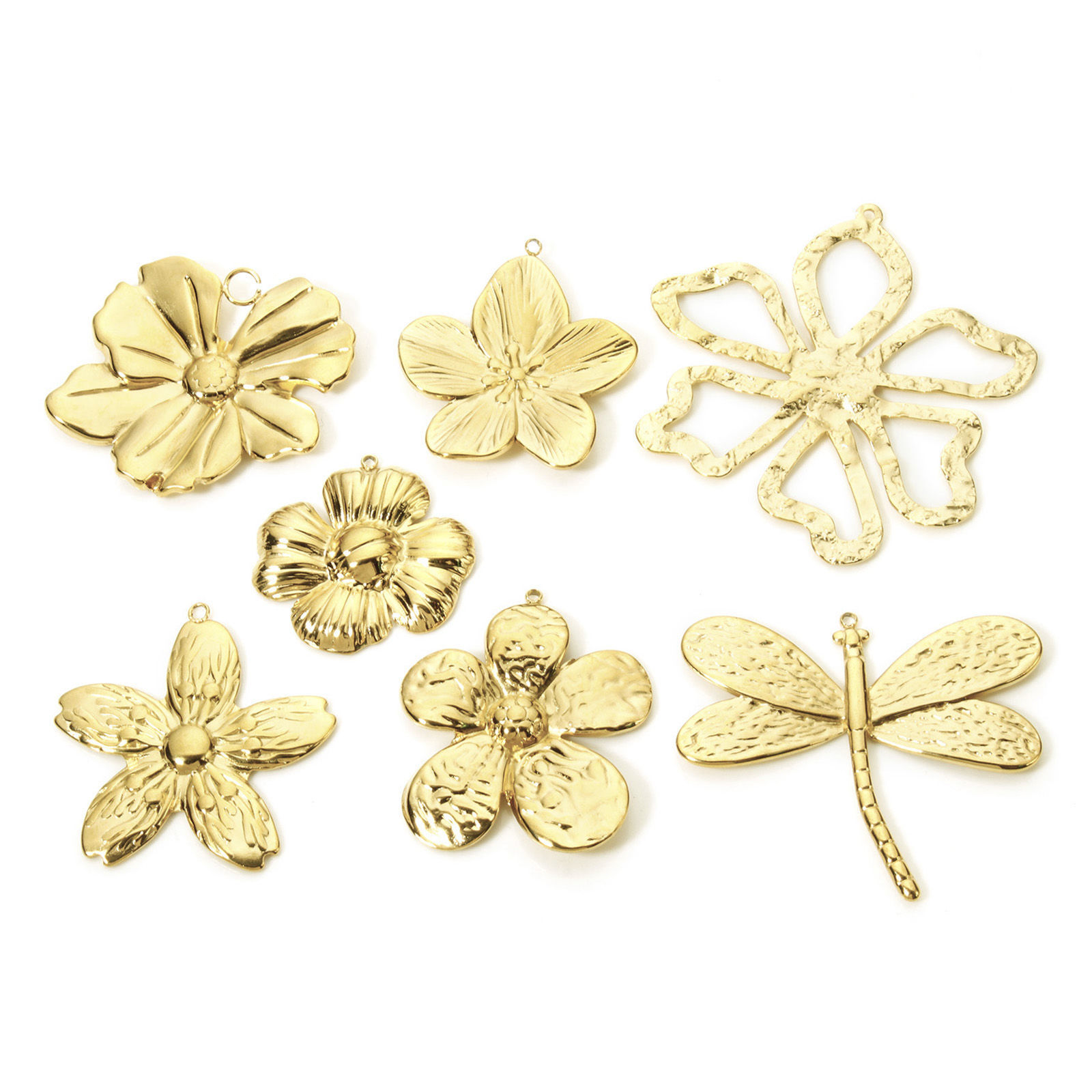 Image de 1 Pièce Pendentifs en 304 Acier Inoxydable Revêtement sous Vide PVD Respectueux de l'Environnement Collection Végétale Libellule Plaqué Or Véritable 18K Fleurs