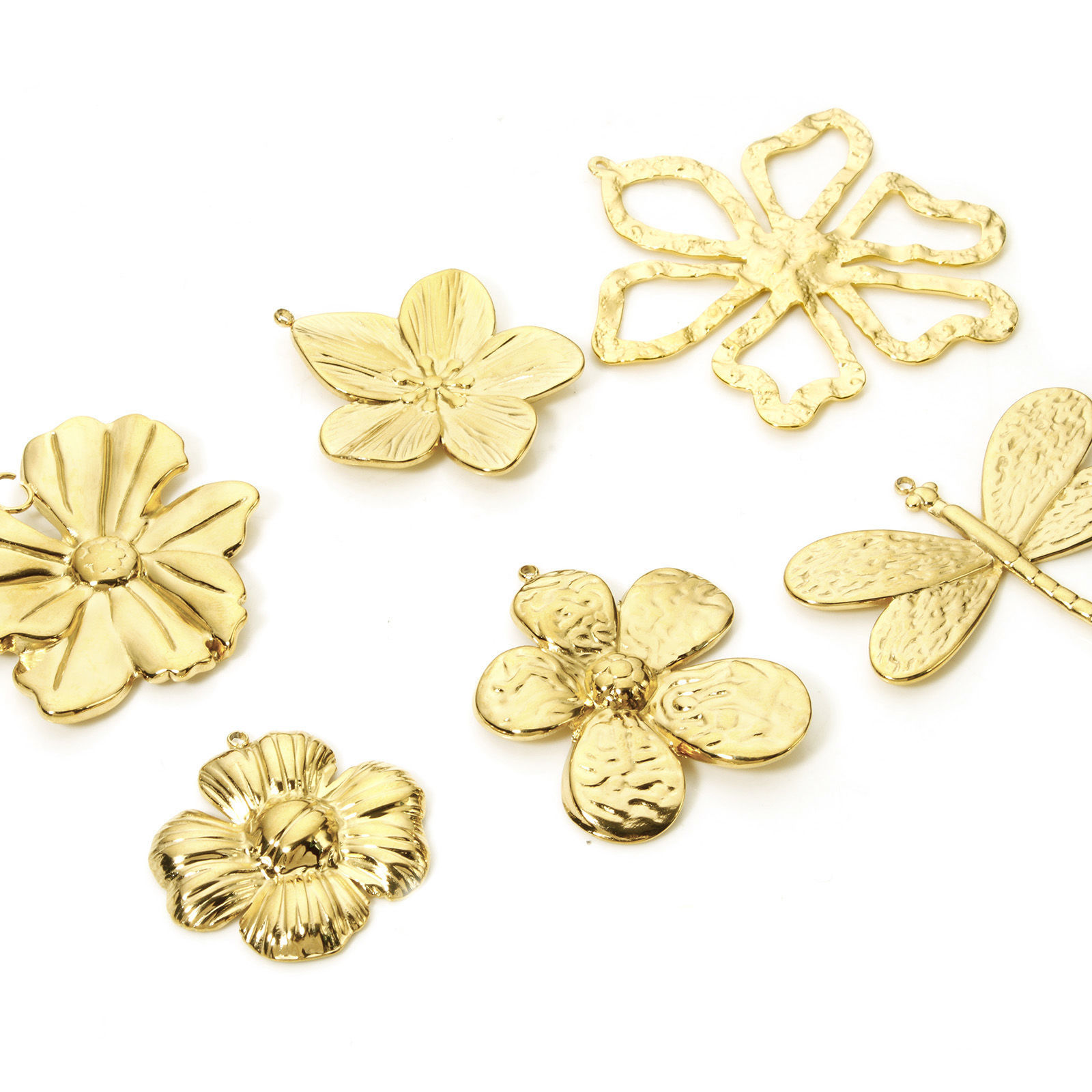 Image de 1 Pièce Pendentifs en 304 Acier Inoxydable Revêtement sous Vide PVD Respectueux de l'Environnement Collection Végétale Libellule Plaqué Or Véritable 18K Fleurs
