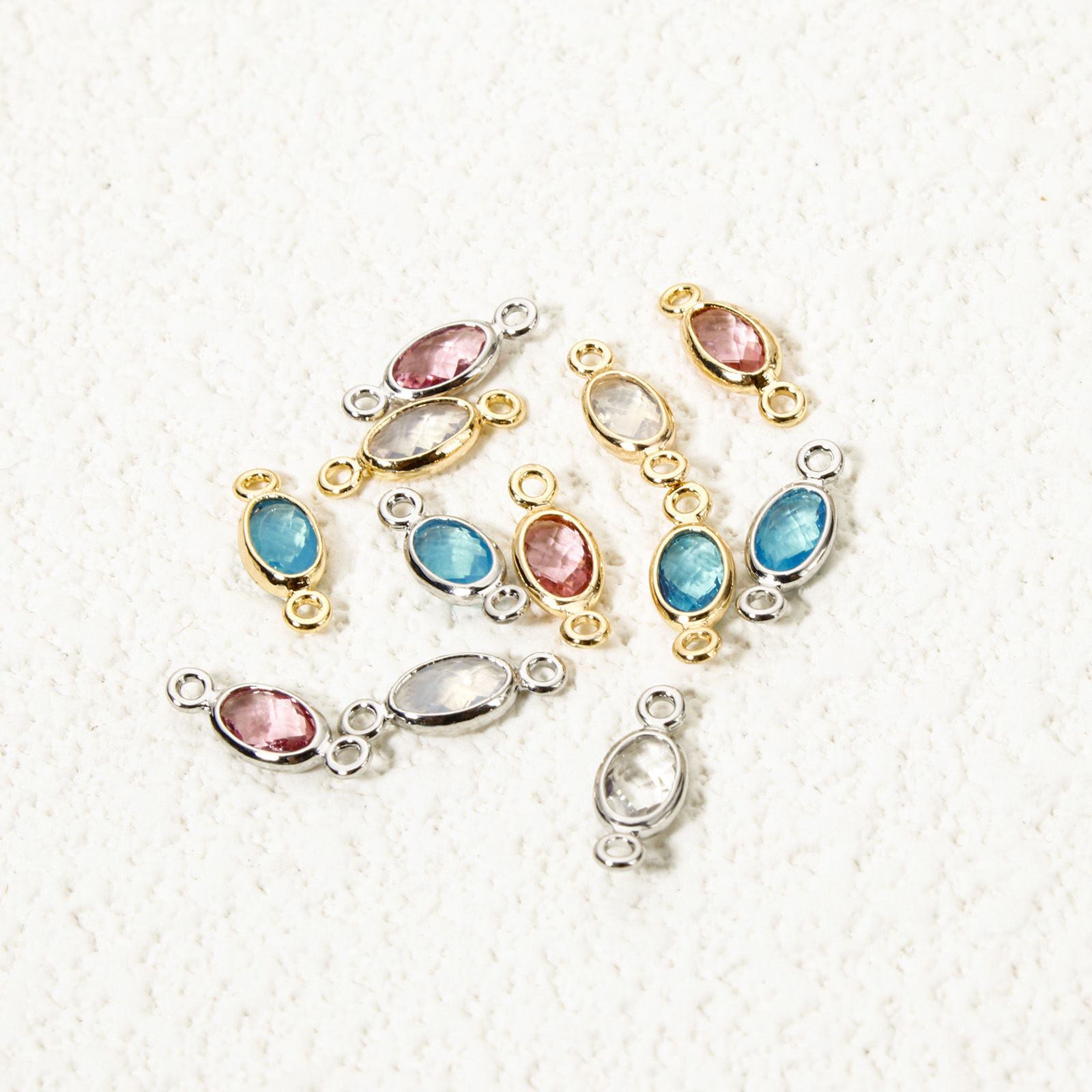 Bild von Umweltfreundlich Messing Steckverbinder Charms Anhänger Oval Echtgold plattiert Bunt Strass 10mm x 4mm