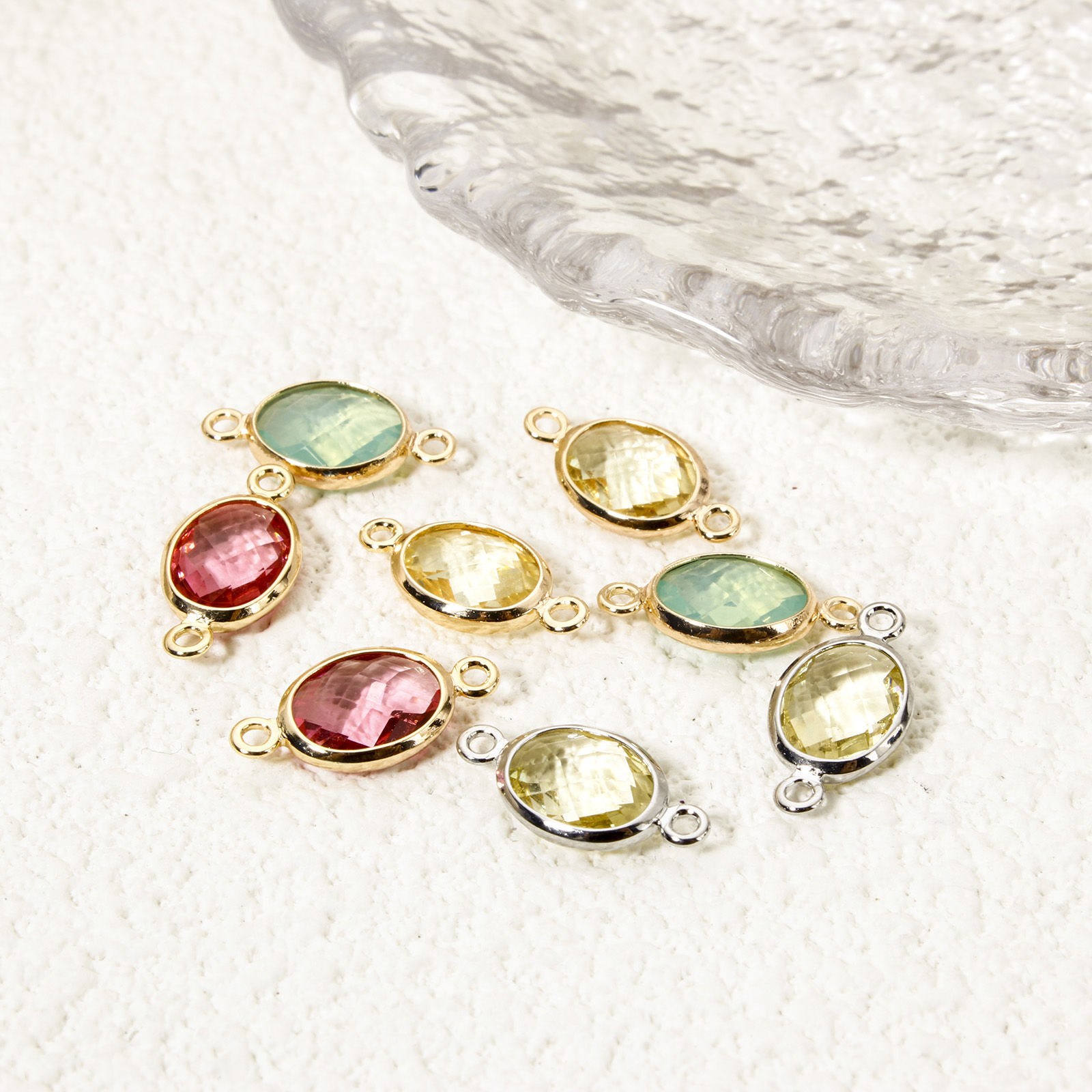 Picture of Eco-friendly Brass Connectors Charms Pendants Oval Real Gold Plated Multicolor Rhinestone 14mm x 7mm