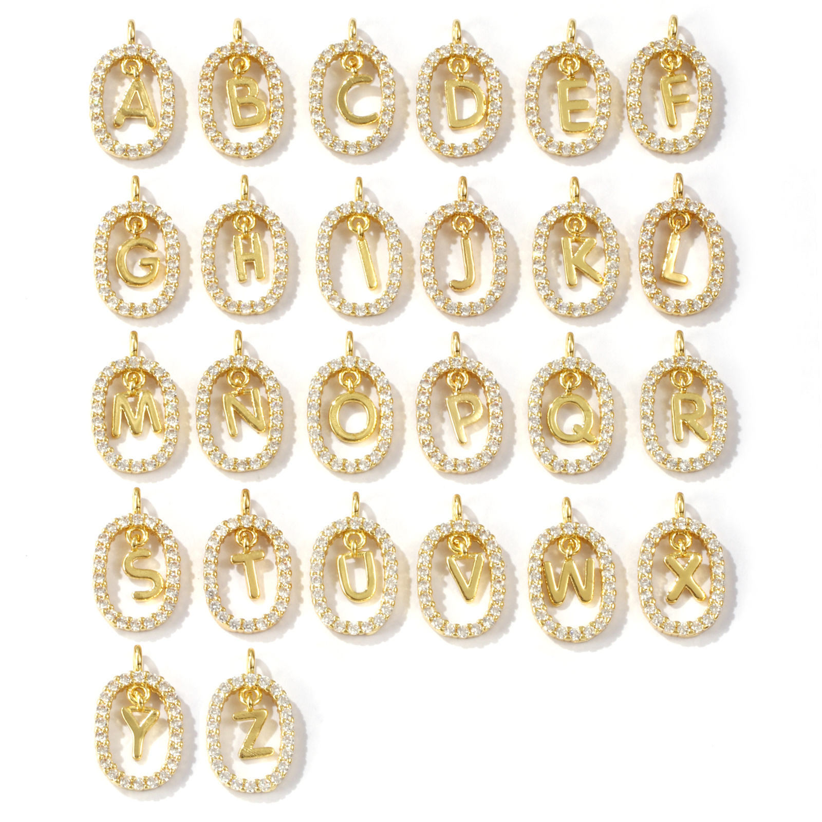 Picture of Brass Micro Pave Charms 18K Gold Plated Oval Capital Alphabet Initial Letter Hollow Clear Cubic Zirconia 18.7mm x 11.3mm