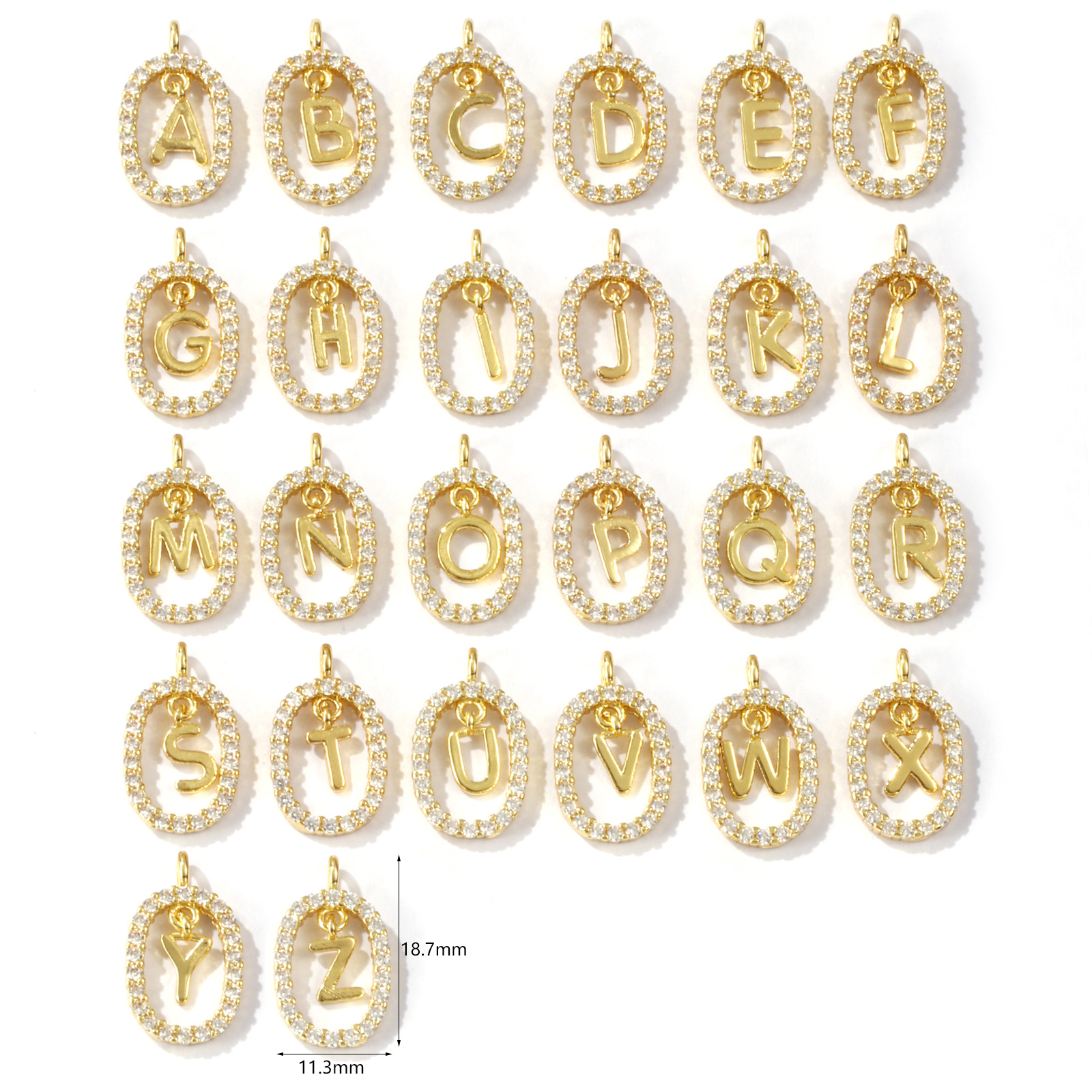 Picture of Brass Micro Pave Charms 18K Gold Plated Oval Capital Alphabet Initial Letter Hollow Clear Cubic Zirconia 18.7mm x 11.3mm