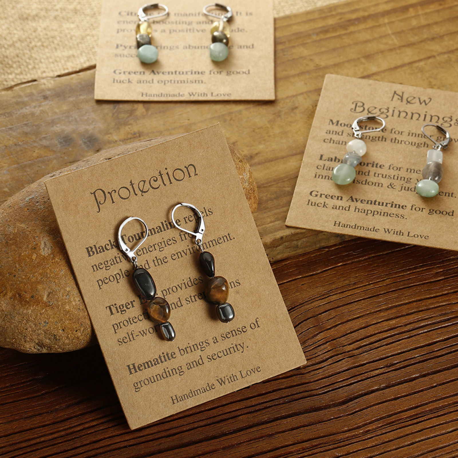 1 Pair 304 Stainless Steel & Gemstone Earrings Silver Tone Irregular 4.5cm x 0.7cm の画像